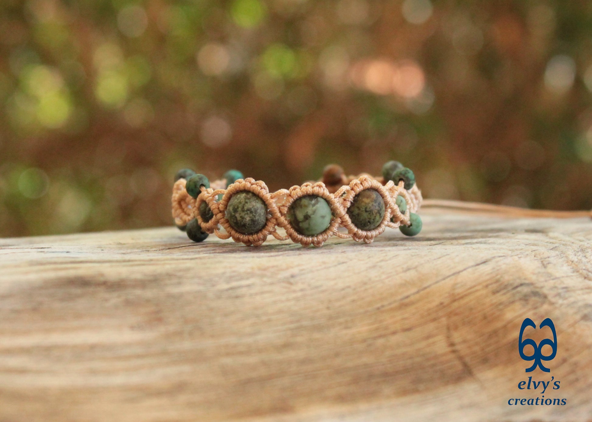 Handmade Beige Macrame Bracelet with Turquoise Gemstones Boho Summer Bracelet