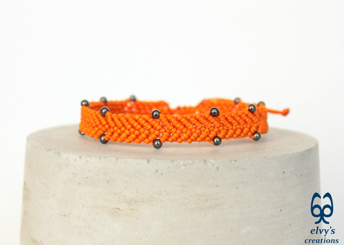 Orange Beaded Cuff Bracelet for Man with Dark Gray Matte Hematite Natural Gem Fathers Day Present Adjustable Ending