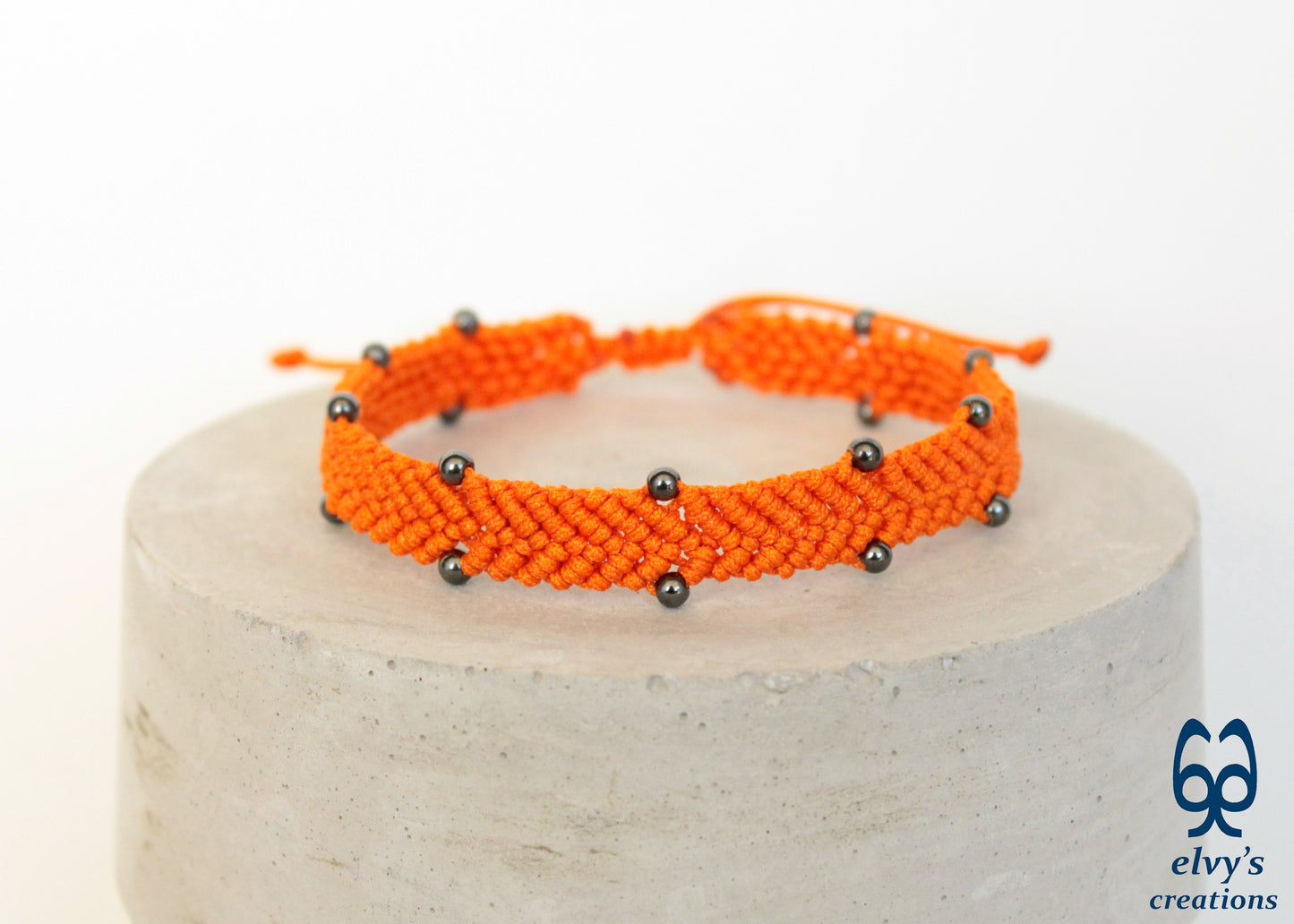 Orange Beaded Cuff Bracelet for Man with Dark Gray Matte Hematite Natural Gem Fathers Day Present Adjustable Ending
