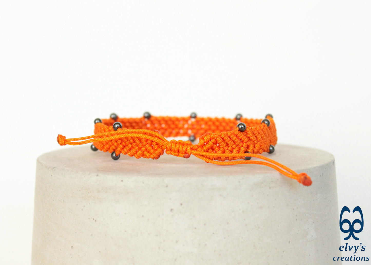 Orange Beaded Cuff Bracelet for Man with Dark Gray Matte Hematite Natural Gem Fathers Day Present Adjustable Ending