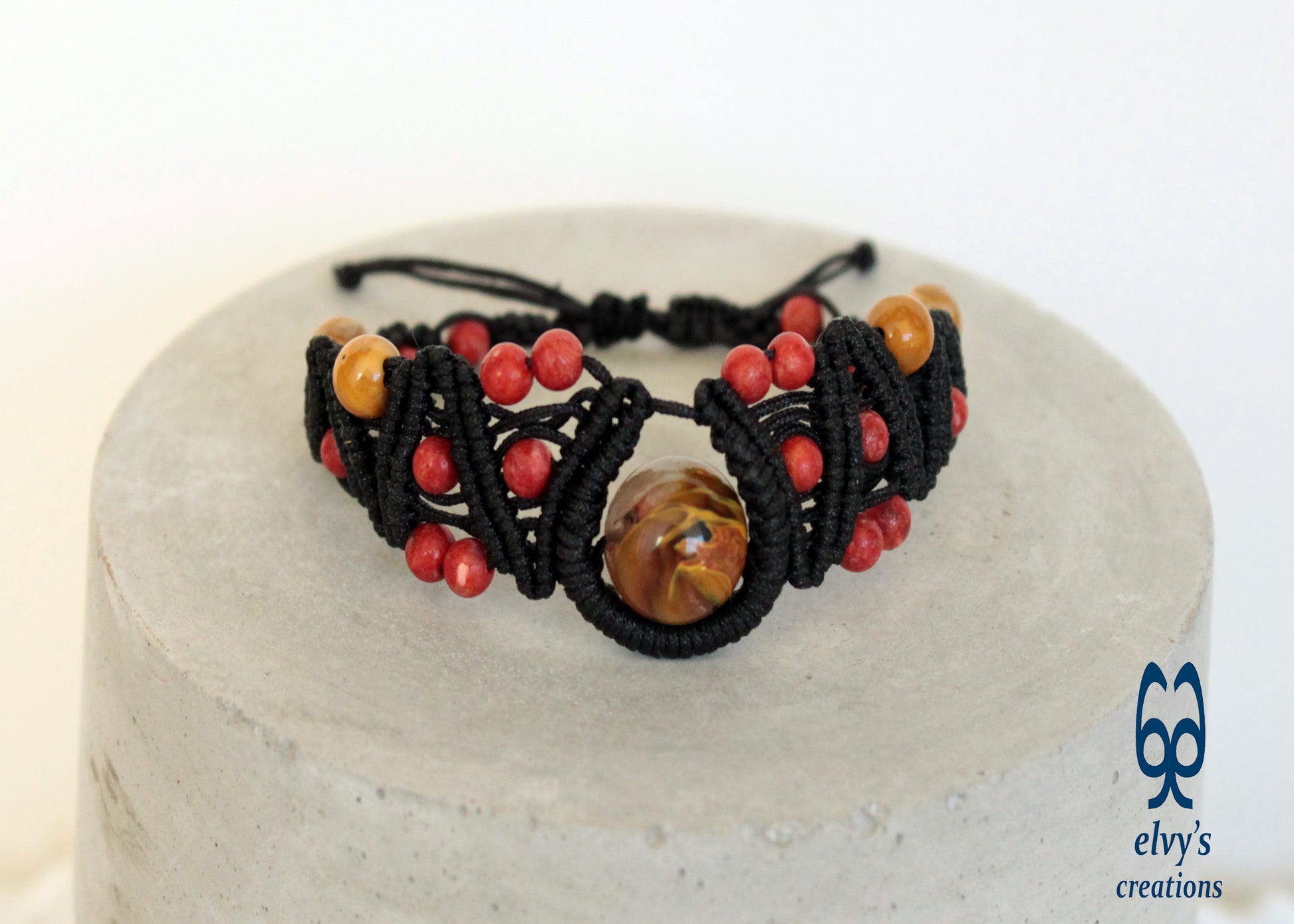 Red Yellow and Black Macrame Beaded Cuff Adjustable Bracelet with Corals, Agate and Crystal for Women 'Big Wave' Bracelet