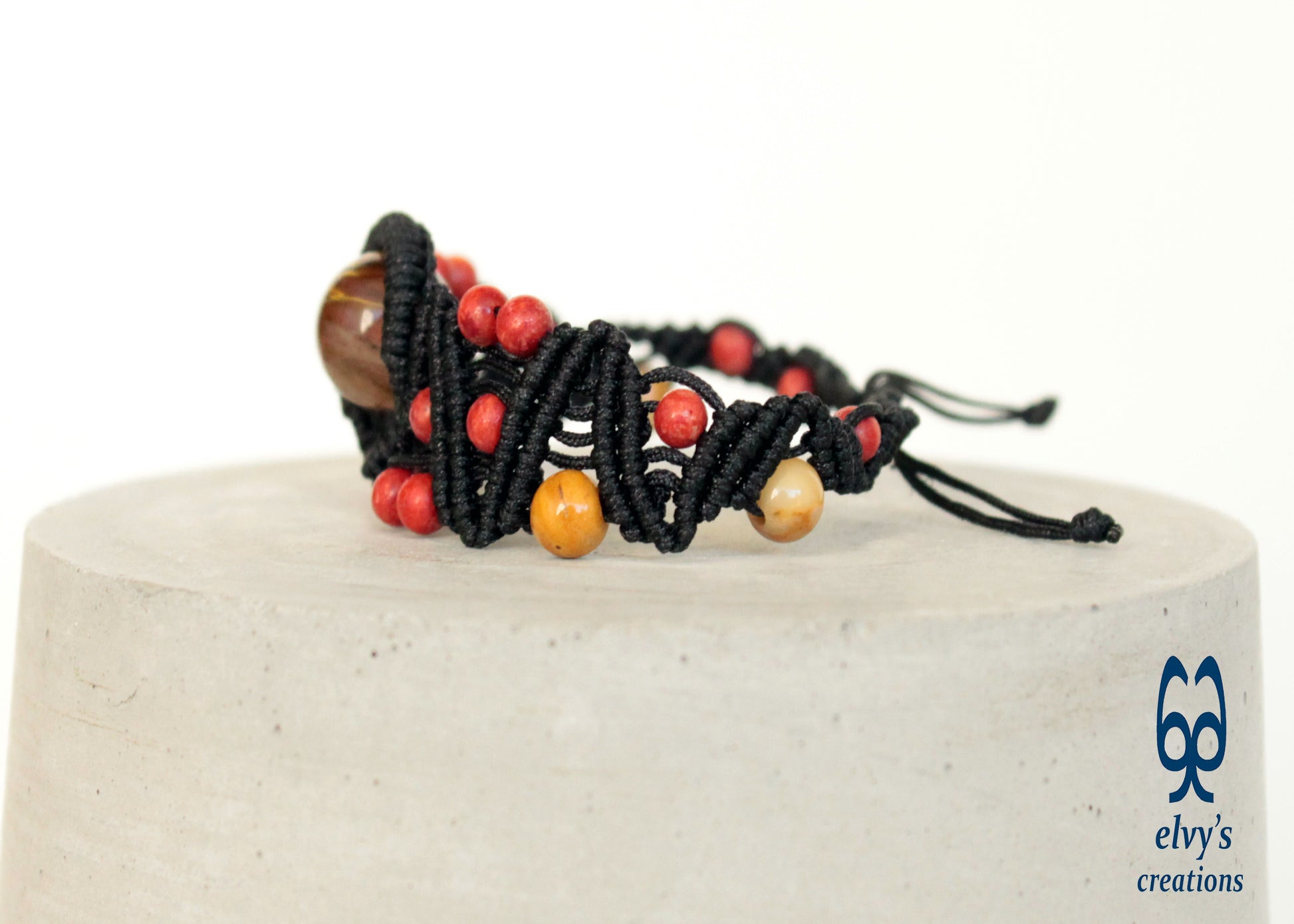 Red Yellow and Black Macrame Beaded Cuff Adjustable Bracelet with Corals, Agate and Crystal for Women 'Big Wave' Bracelet