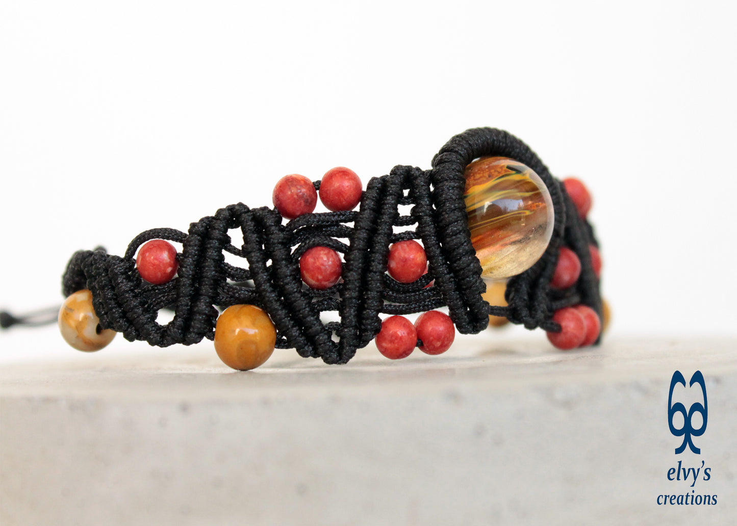 Red Yellow and Black Macrame Beaded Cuff Adjustable Bracelet with Corals, Agate and Crystal for Women 'Big Wave' Bracelet