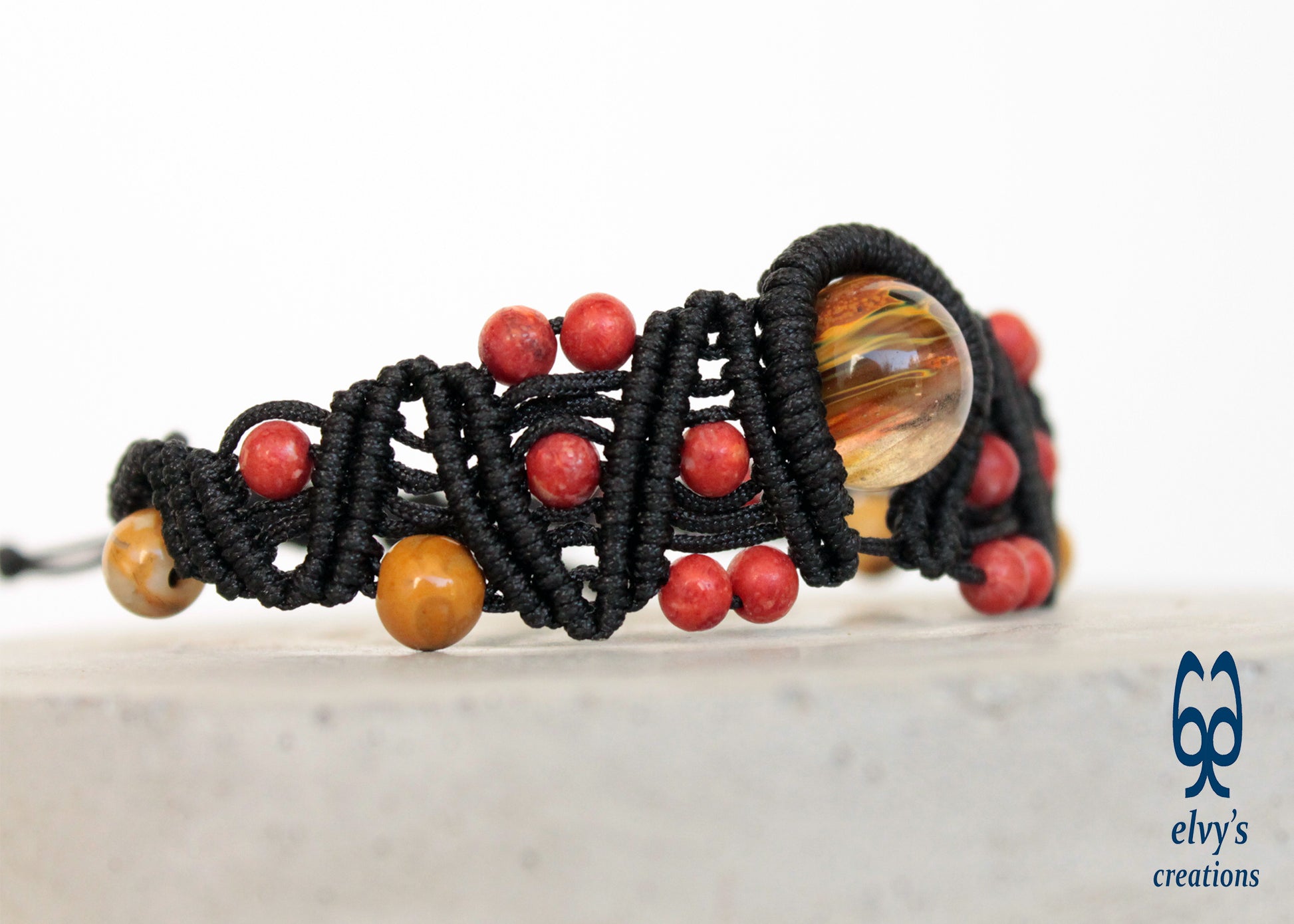 Red Yellow and Black Macrame Beaded Cuff Adjustable Bracelet with Corals, Agate and Crystal for Women 'Big Wave' Bracelet