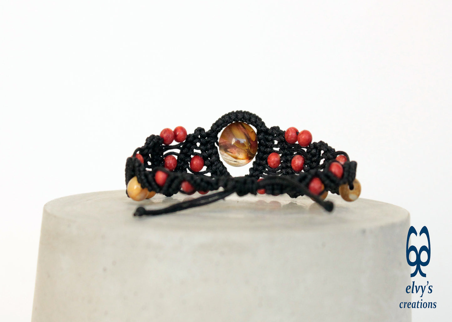 Red Yellow and Black Macrame Beaded Cuff Adjustable Bracelet with Corals, Agate and Crystal for Women 'Big Wave' Bracelet