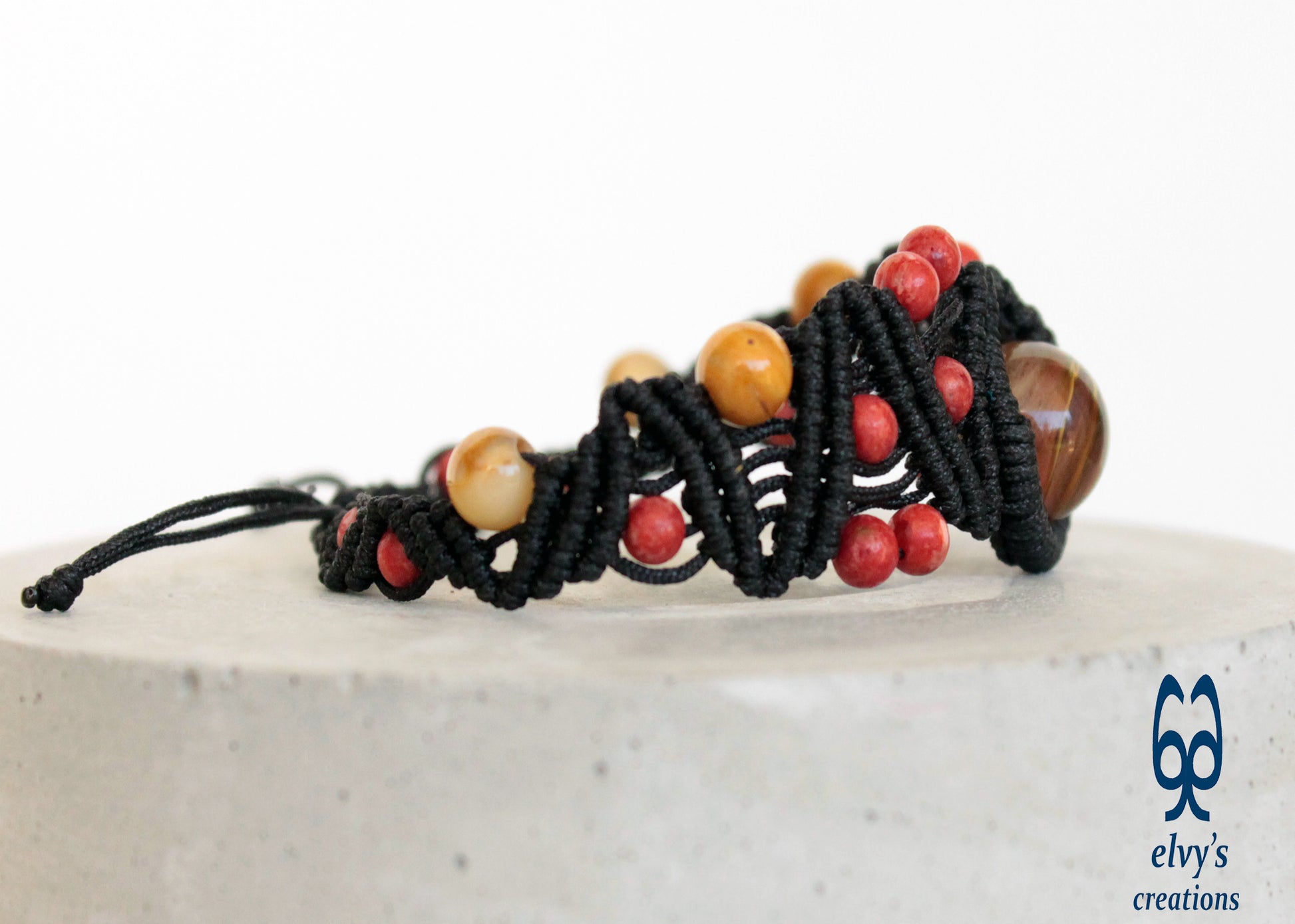 Red Yellow and Black Macrame Beaded Cuff Adjustable Bracelet with Corals, Agate and Crystal for Women 'Big Wave' Bracelet