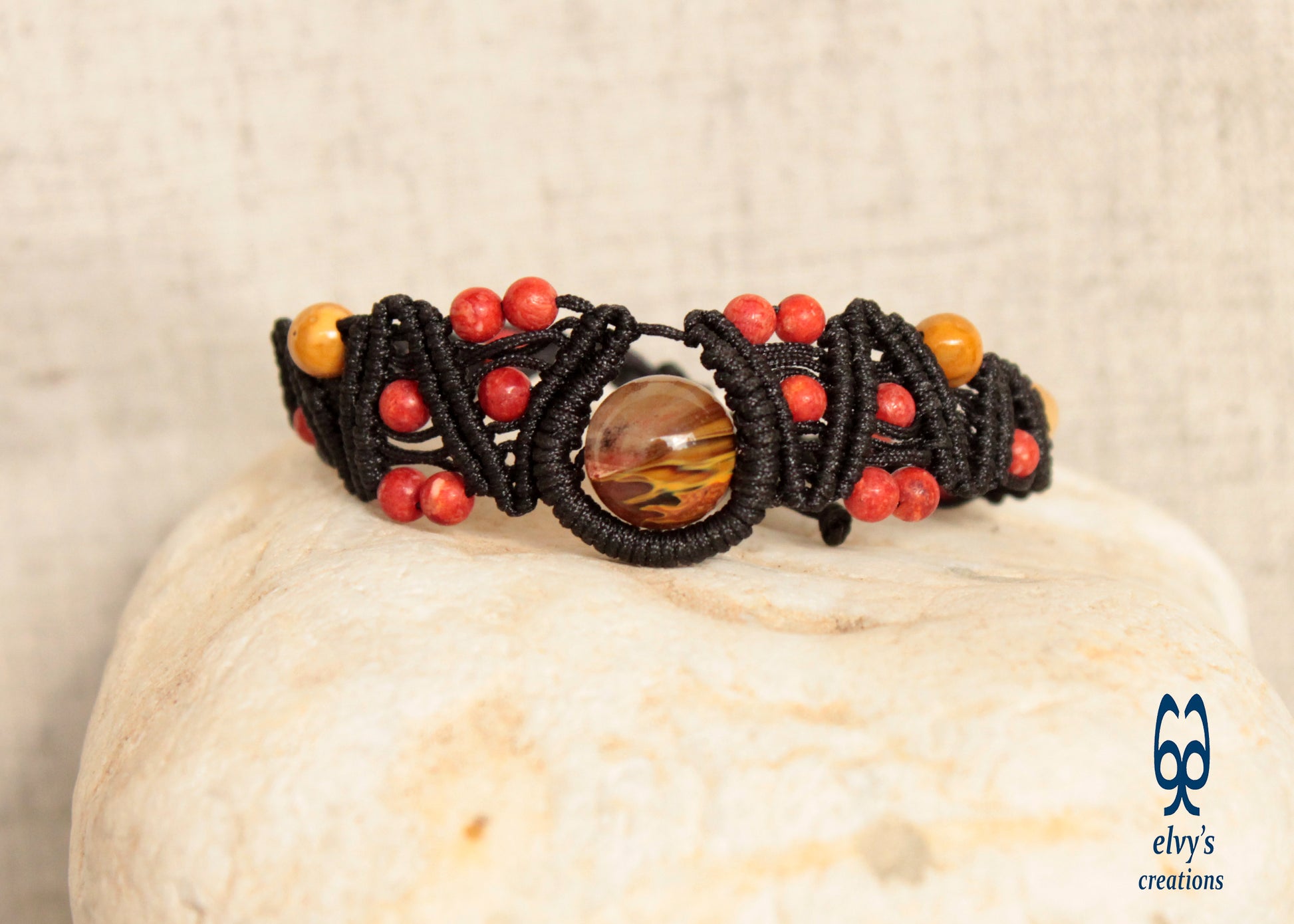 Red Yellow and Black Macrame Beaded Cuff Adjustable Bracelet with Corals, Agate and Crystal for Women 'Big Wave' Bracelet
