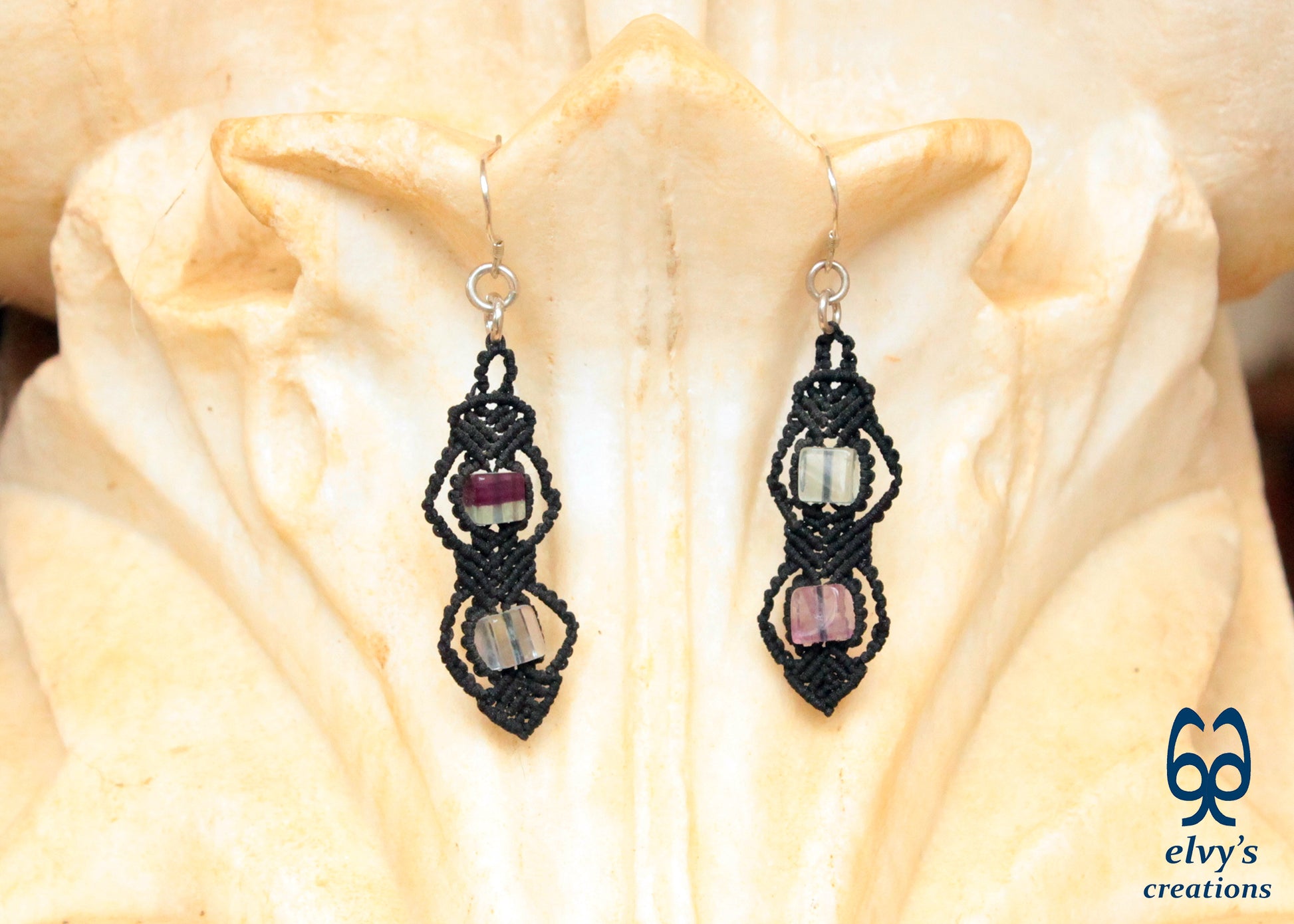 Handmade Silver Macrame Earrings,Fluorite Gemstone Beaded Earrings,Birthday Gift for Women