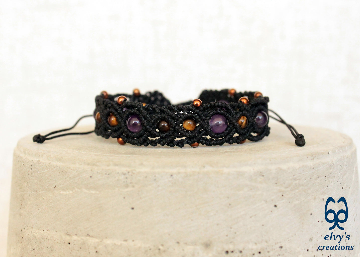 Amethyst Macrame Bracelet, Gemstone Beaded Cuff, Unique Birthday Gift for Women