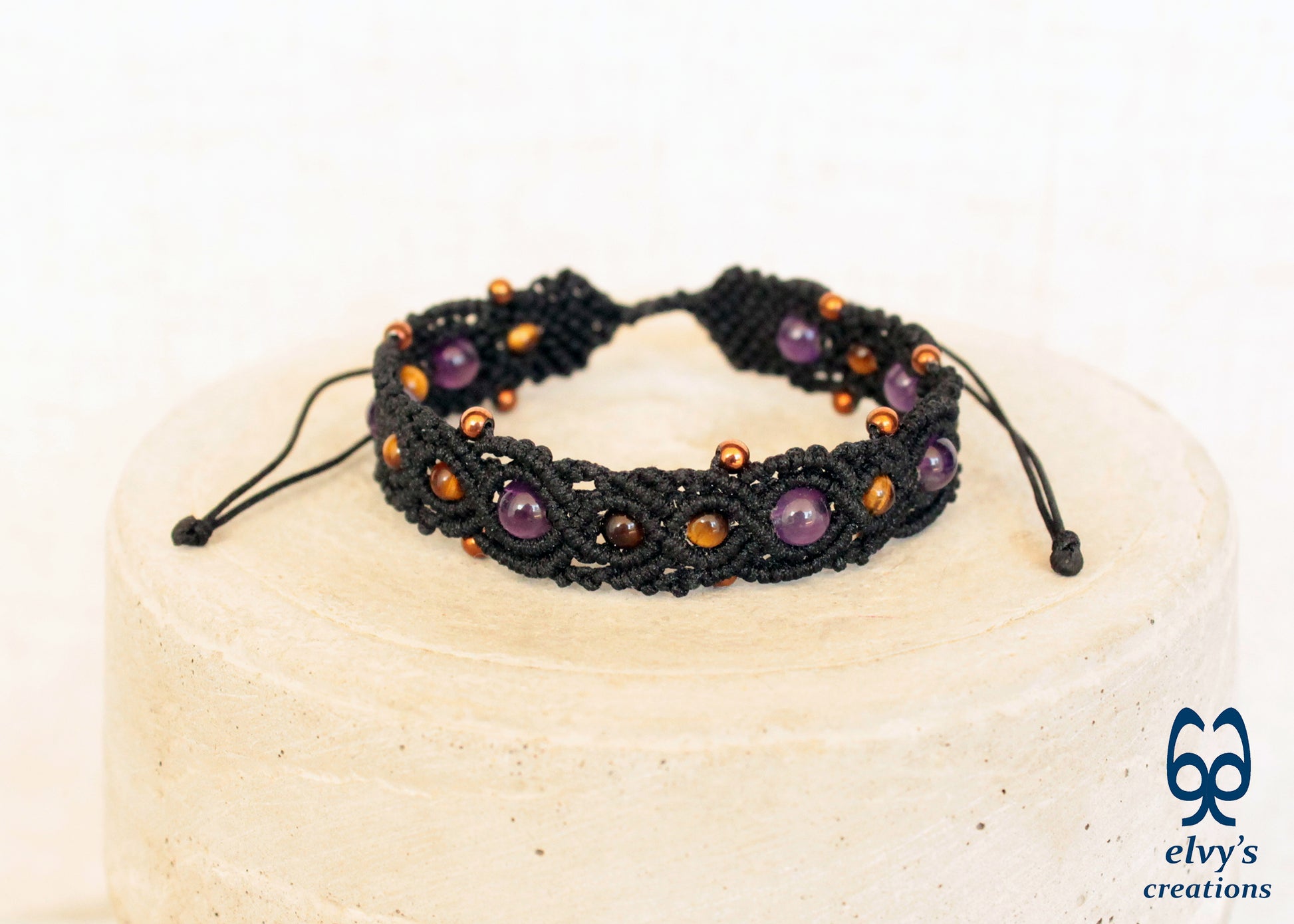 Amethyst Macrame Bracelet, Gemstone Beaded Cuff, Unique Birthday Gift for Women