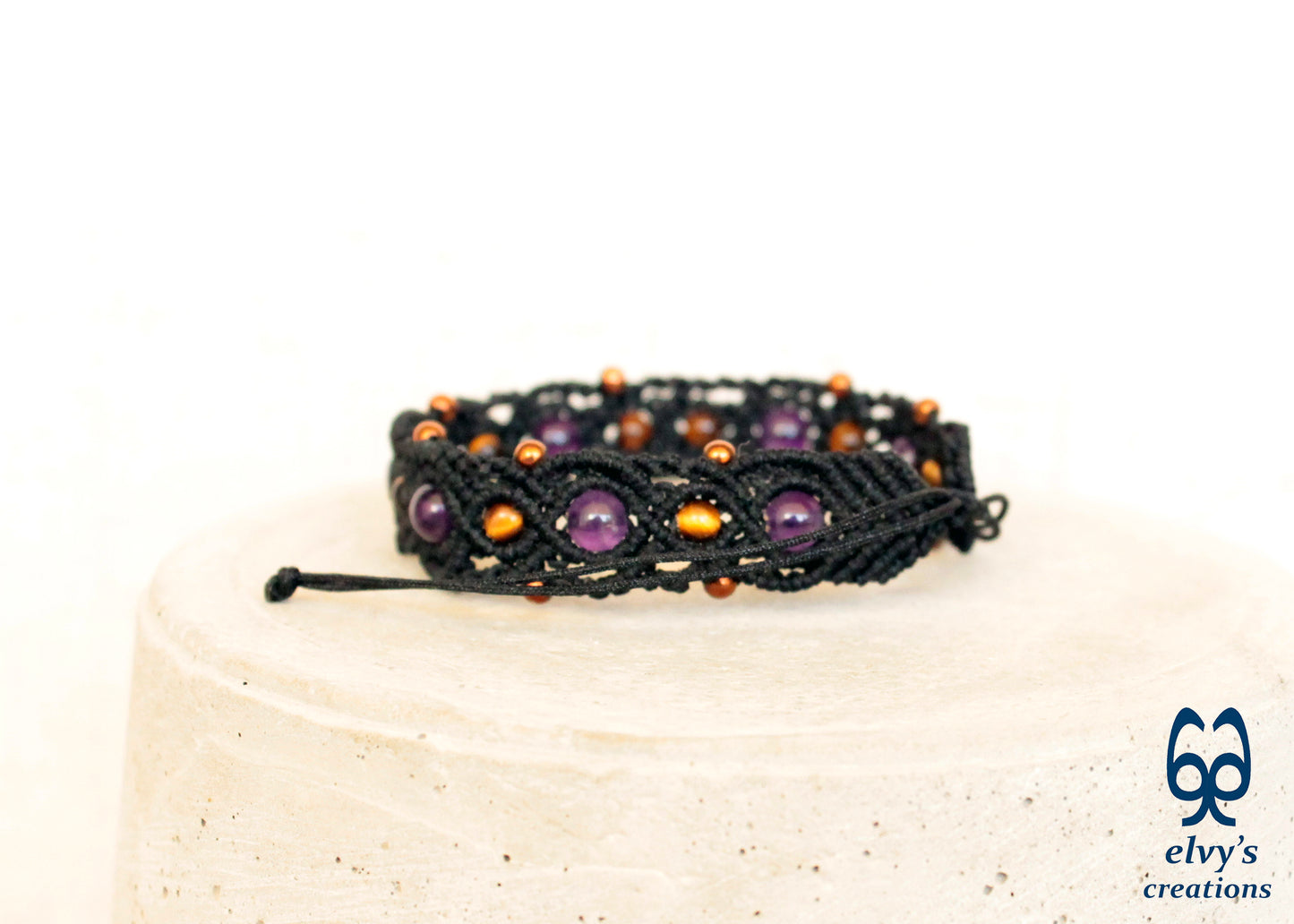 Amethyst Macrame Bracelet, Gemstone Beaded Cuff, Unique Birthday Gift for Women