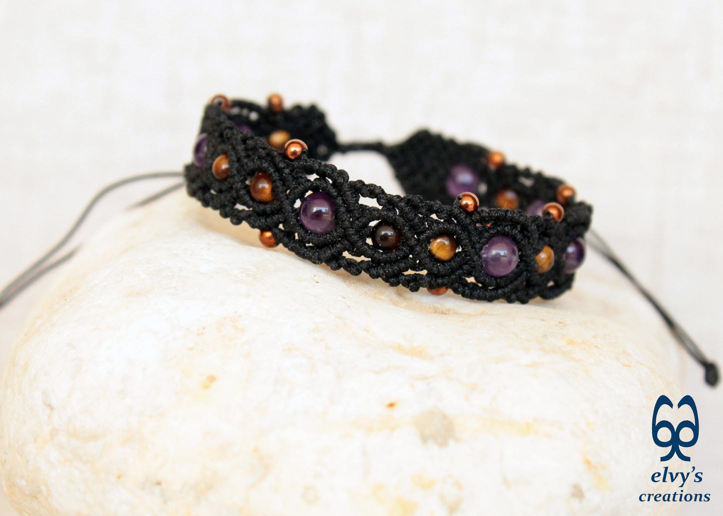 Amethyst Macrame Bracelet, Gemstone Beaded Cuff, Unique Birthday Gift for Women