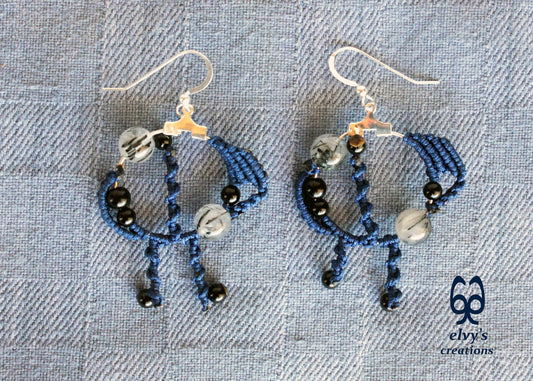 Blue Macrame Crystal Quartz Onyx Earrings Silver Gemstone Beads Earrings Birthday Gift for Women