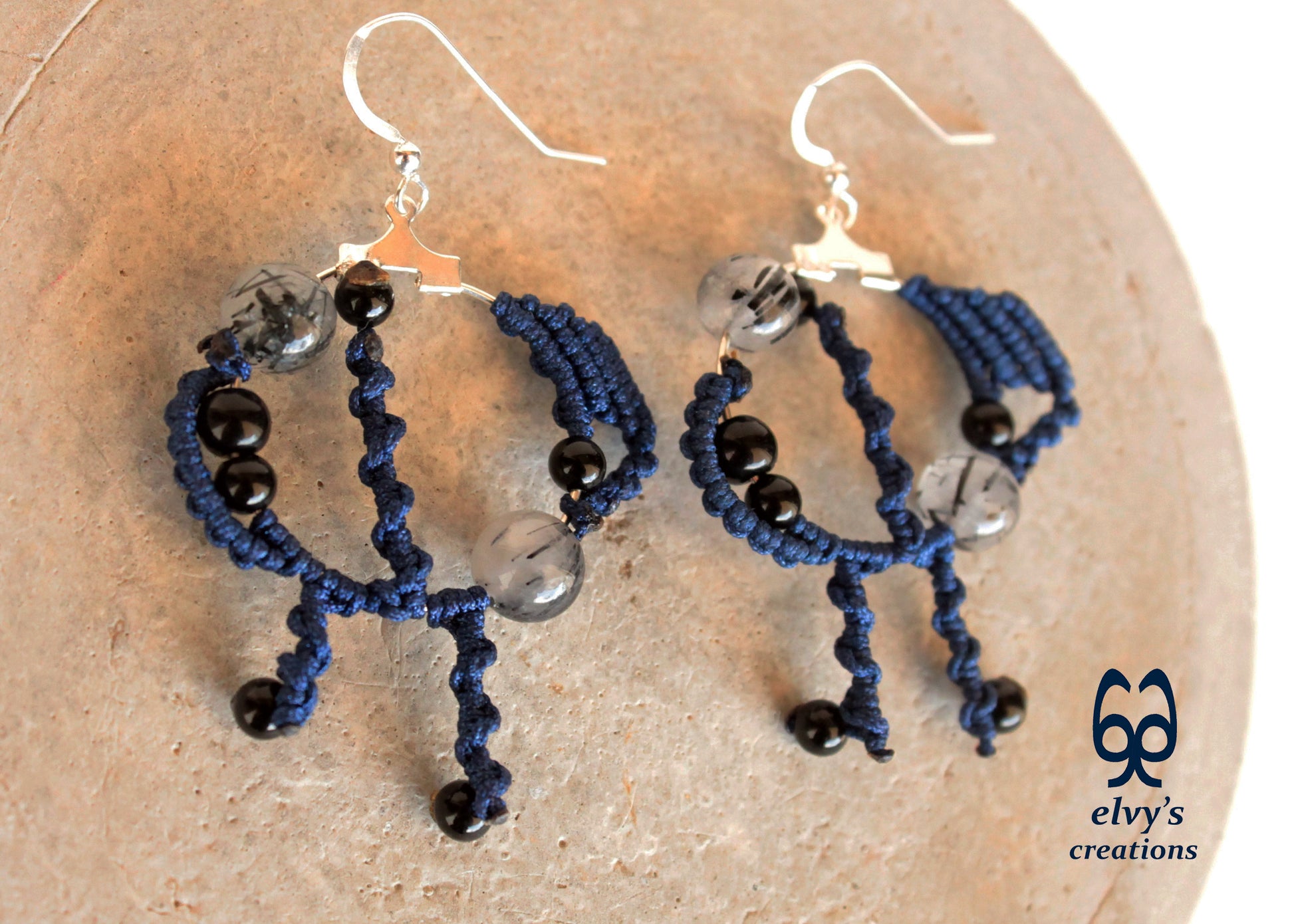 Blue Macrame Crystal Quartz Onyx Earrings Silver Gemstone Beads Earrings Birthday Gift for Women