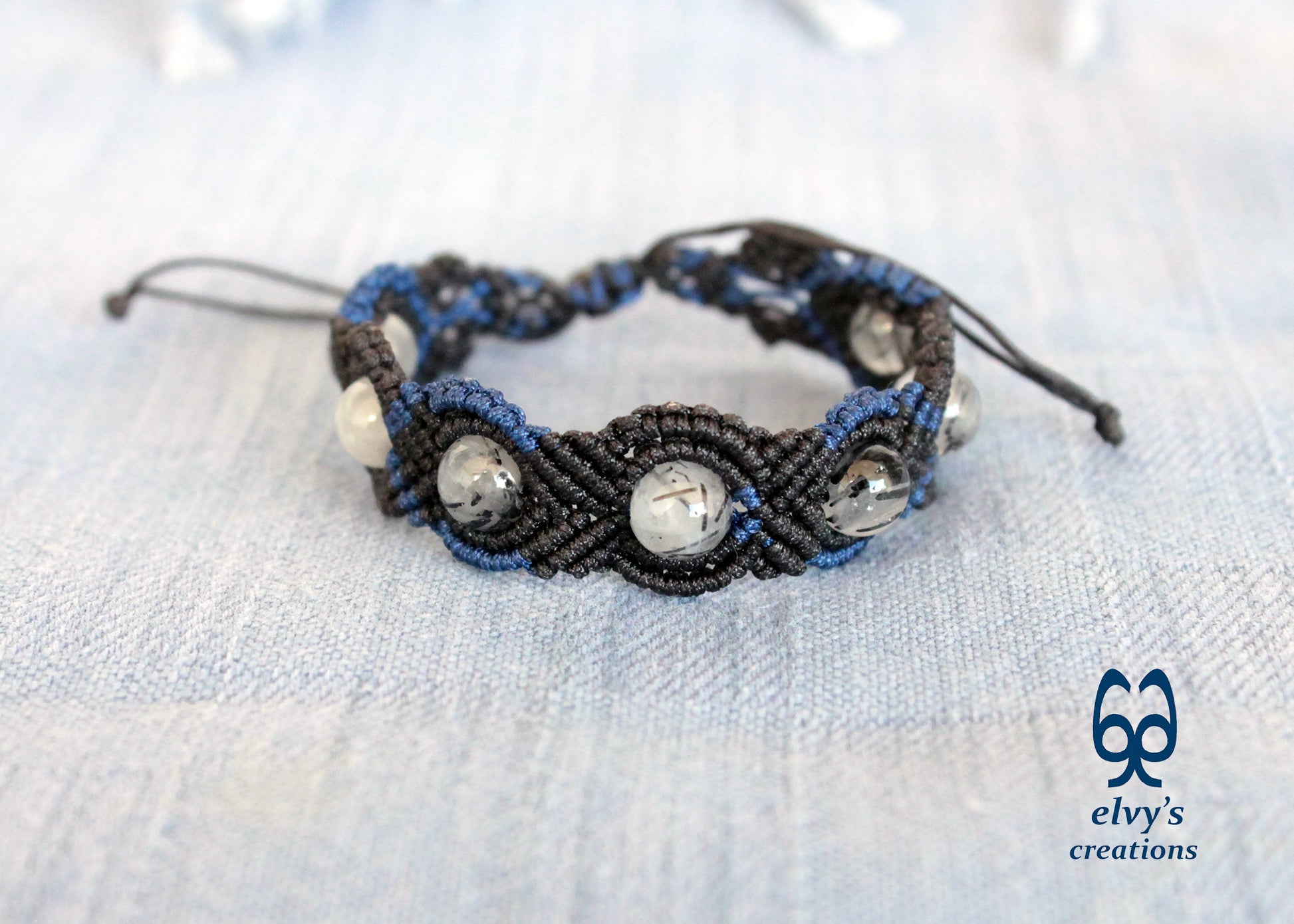 Black Macrame Bracelet, Crystal Gemstone Handmade, Unique Birthday Gift for Women