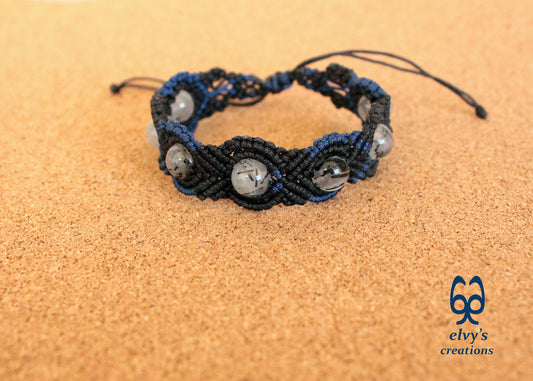 Black Macrame Bracelet, Crystal Gemstone Handmade, Unique Birthday Gift for Women