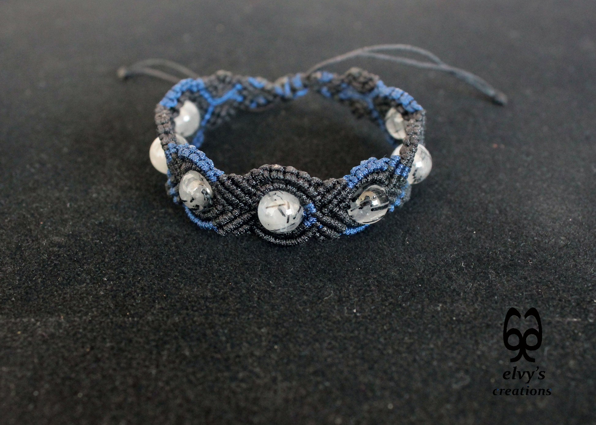 Black Macrame Bracelet, Crystal Gemstone Handmade, Unique Birthday Gift for Women
