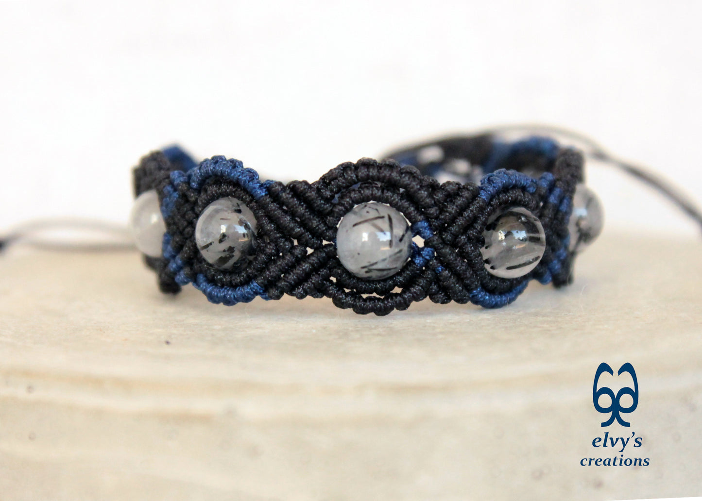 Black Macrame Bracelet, Crystal Gemstone Handmade, Unique Birthday Gift for Women