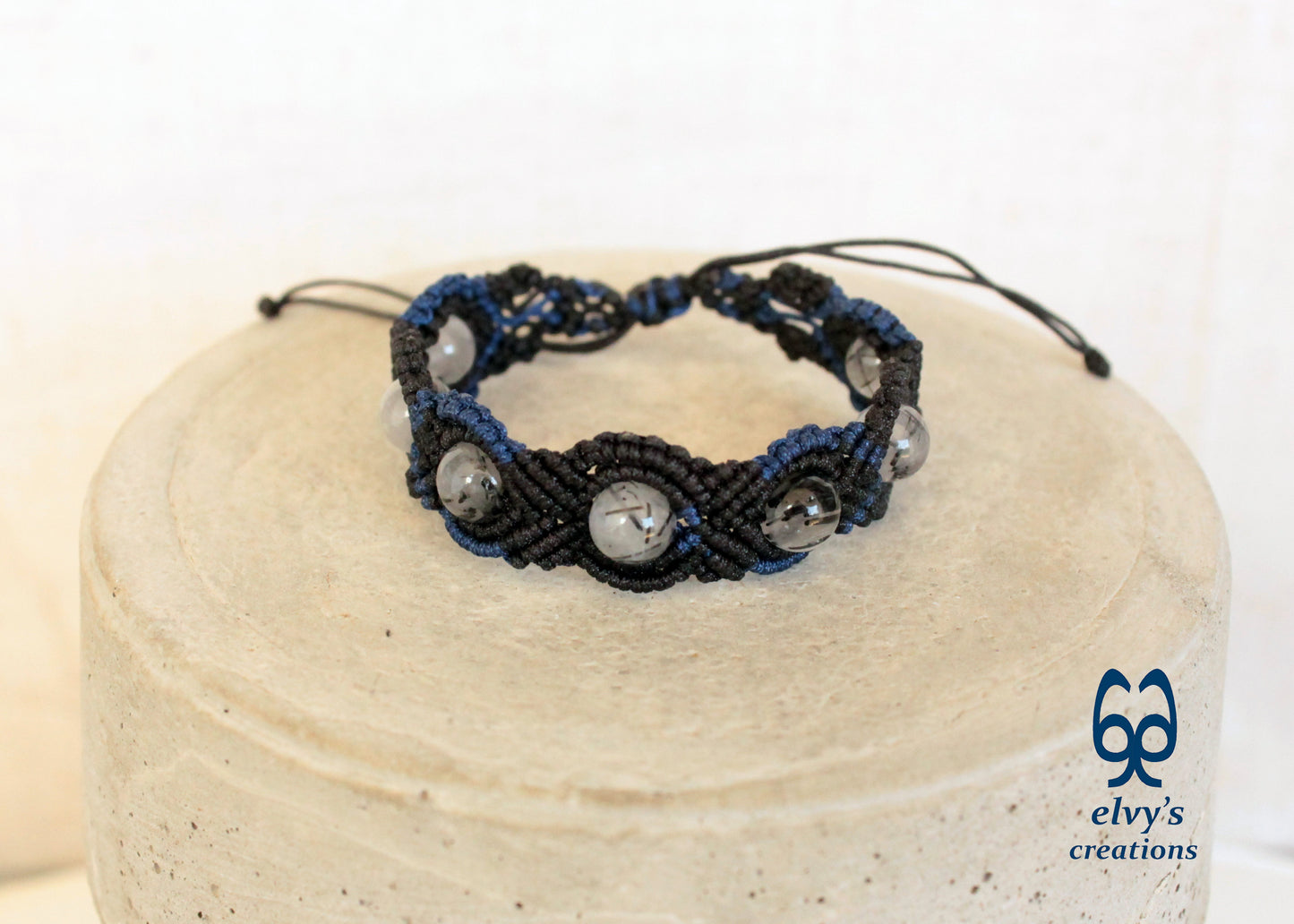 Black Macrame Bracelet, Crystal Gemstone Handmade, Unique Birthday Gift for Women