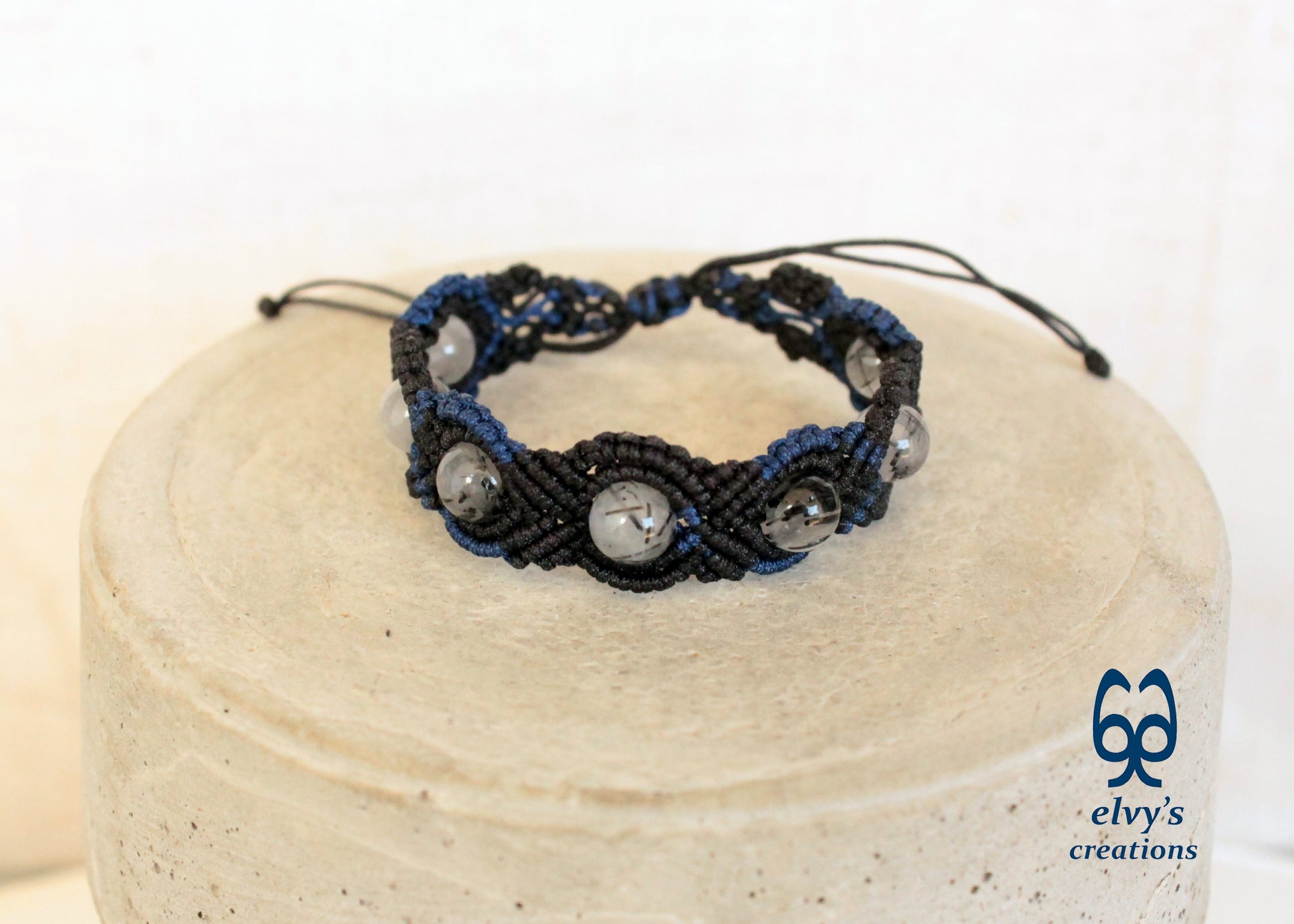 Black Macrame Bracelet, Crystal Gemstone Handmade, Unique Birthday Gift for Women
