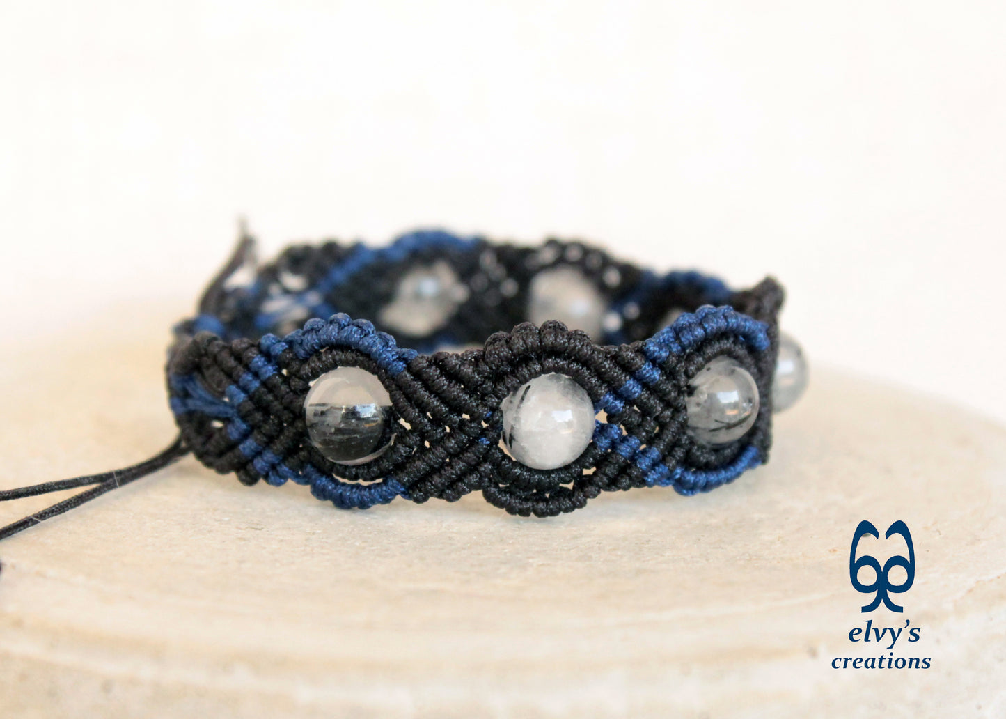Black Macrame Bracelet, Crystal Gemstone Handmade, Unique Birthday Gift for Women