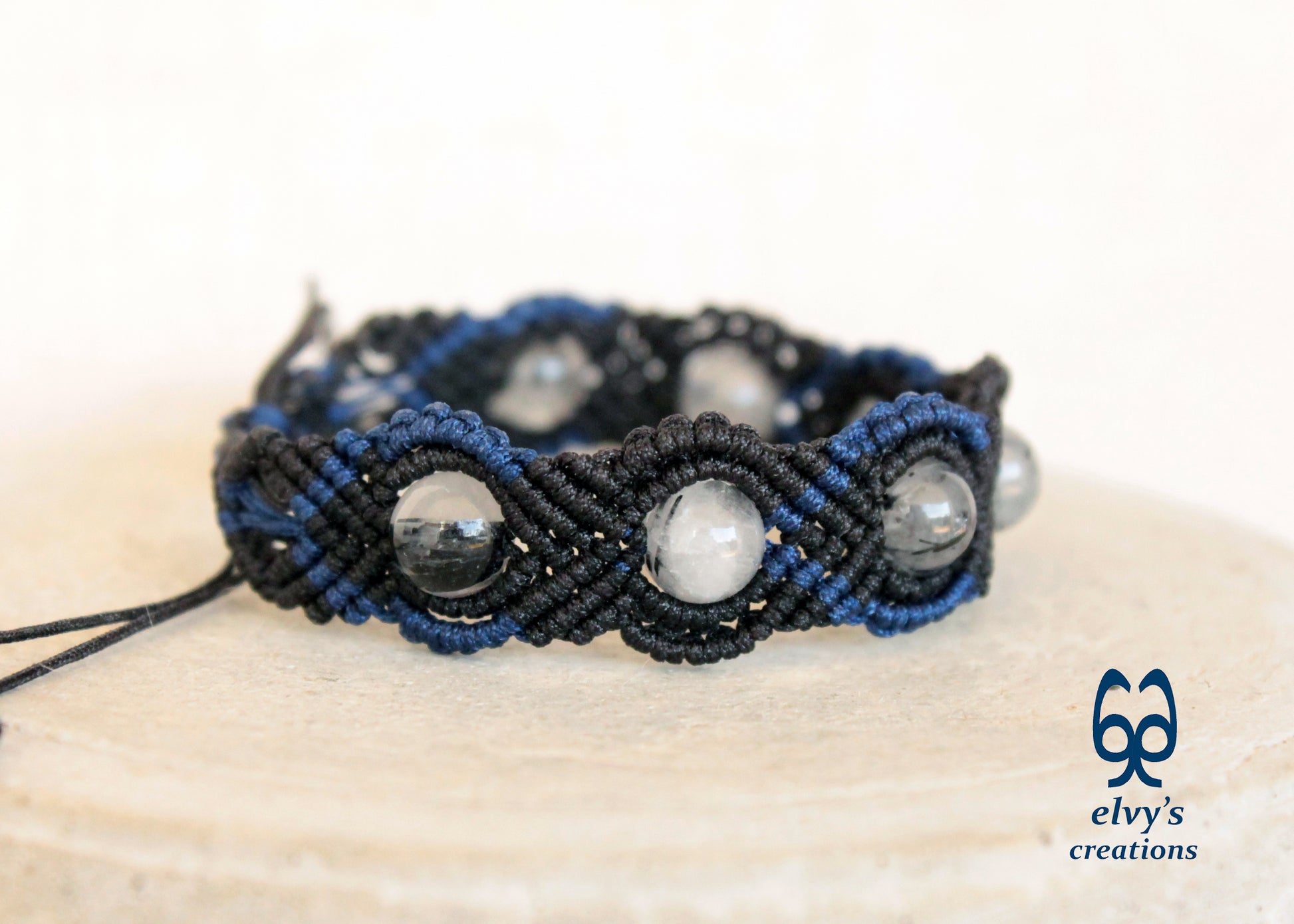 Black Macrame Bracelet, Crystal Gemstone Handmade, Unique Birthday Gift for Women