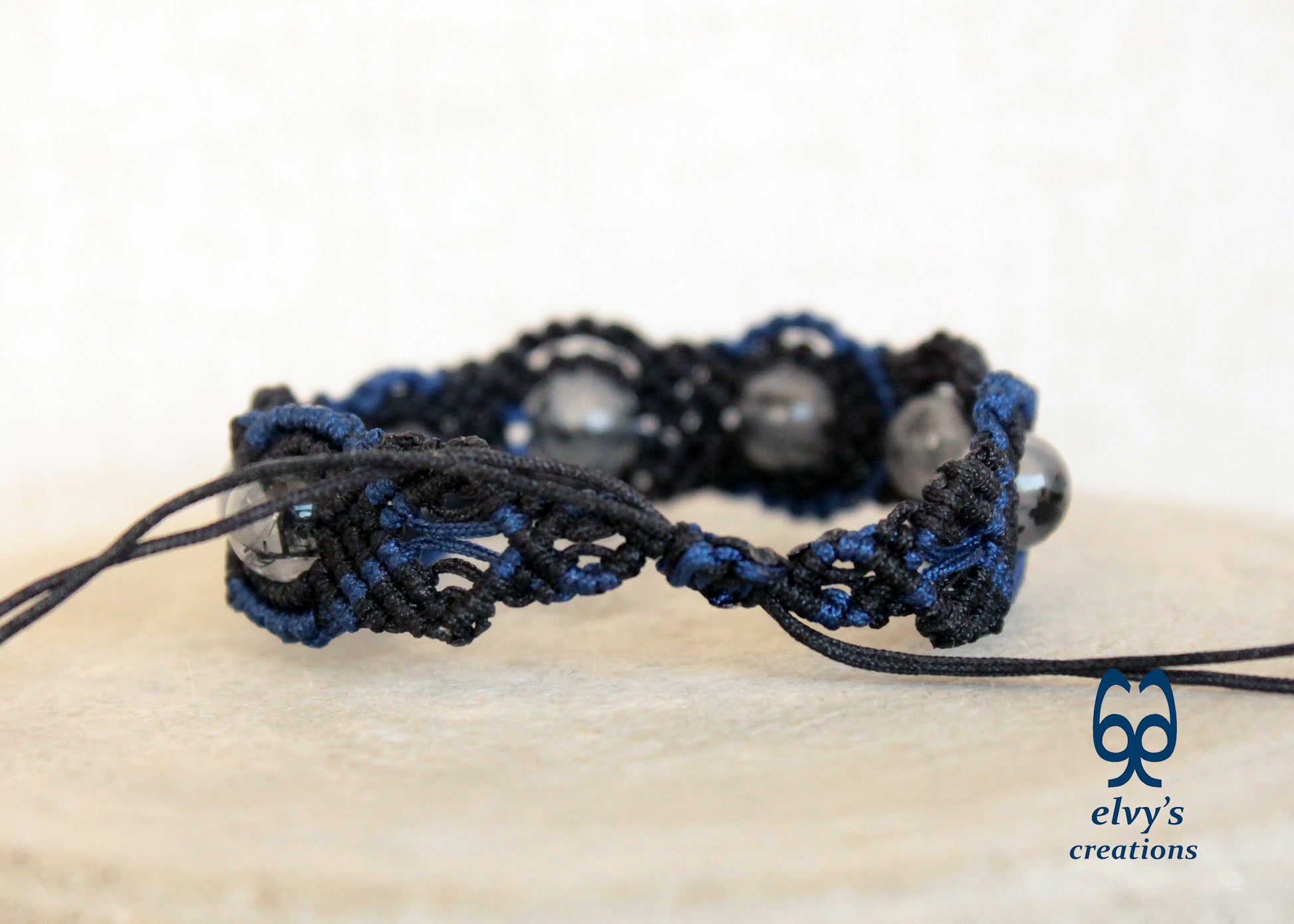 Black Macrame Bracelet, Crystal Gemstone Handmade, Unique Birthday Gift for Women