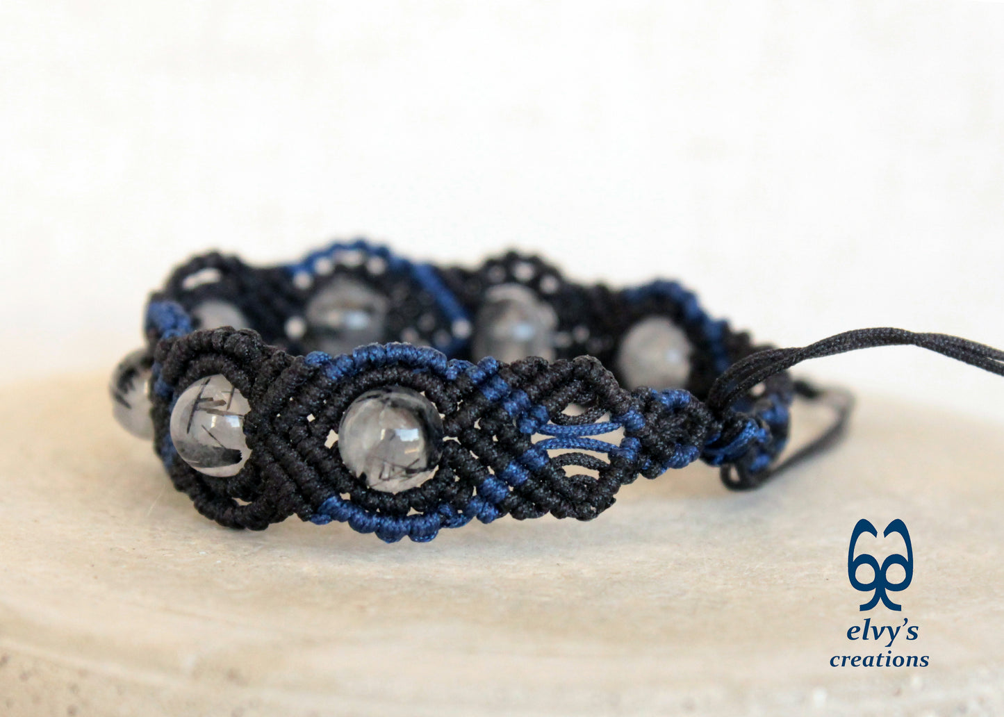Black Macrame Bracelet, Crystal Gemstone Handmade, Unique Birthday Gift for Women