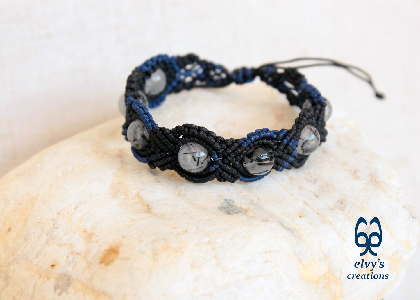 Black Macrame Bracelet, Crystal Gemstone Handmade, Unique Birthday Gift for Women