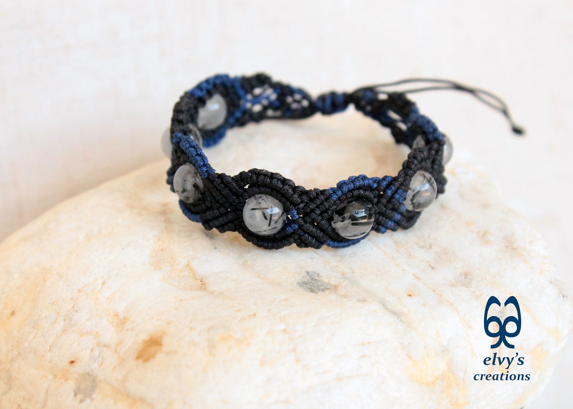 Black Macrame Bracelet, Crystal Gemstone Handmade, Unique Birthday Gift for Women