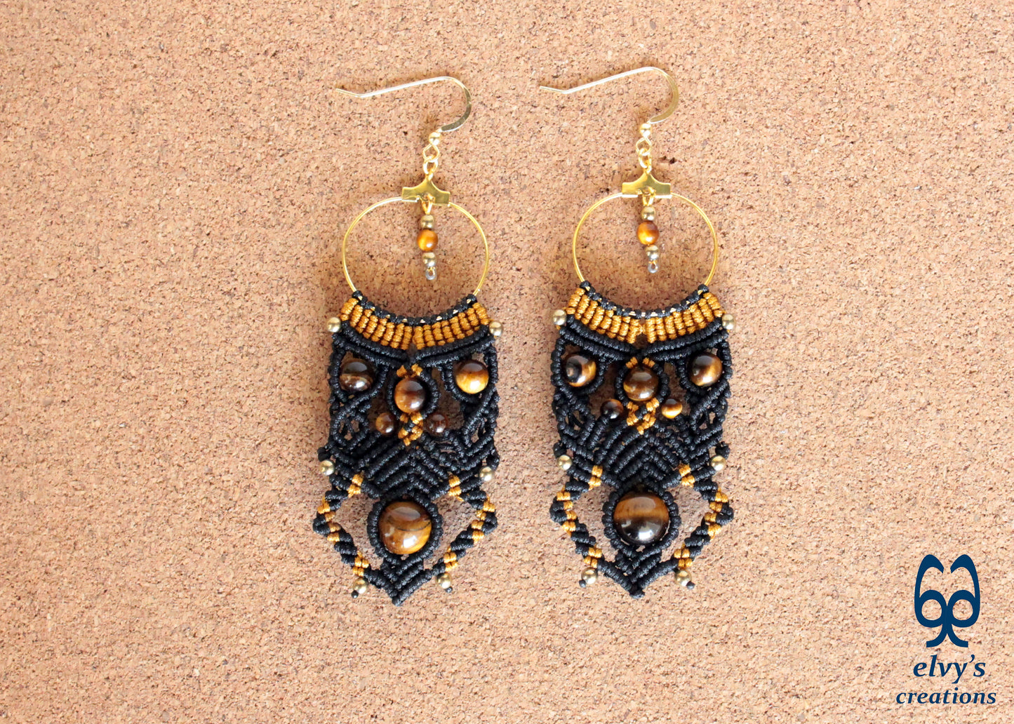 Black and Gold Macrame Earrings Handmade Micro macrame with Tiger Eye and Hematite Gemstones