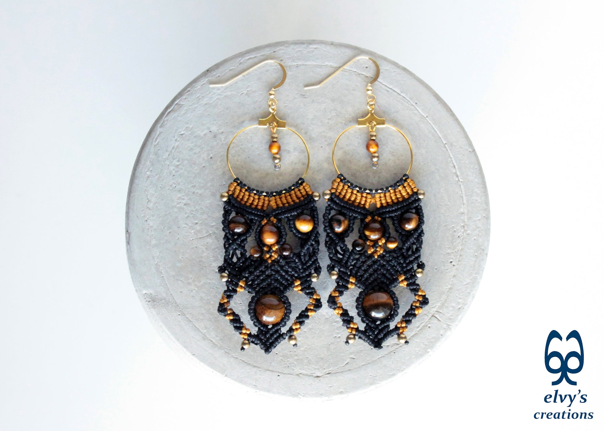 Black and Gold Macrame Earrings Handmade Micro macrame with Tiger Eye and Hematite Gemstones