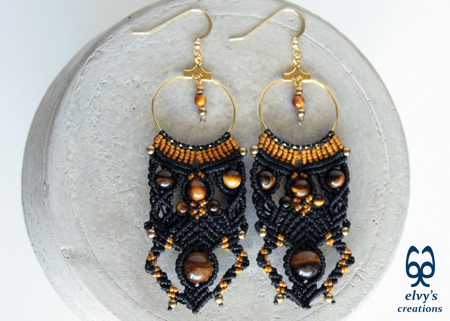 Black and Gold Macrame Earrings Handmade Micro macrame with Tiger Eye and Hematite Gemstones