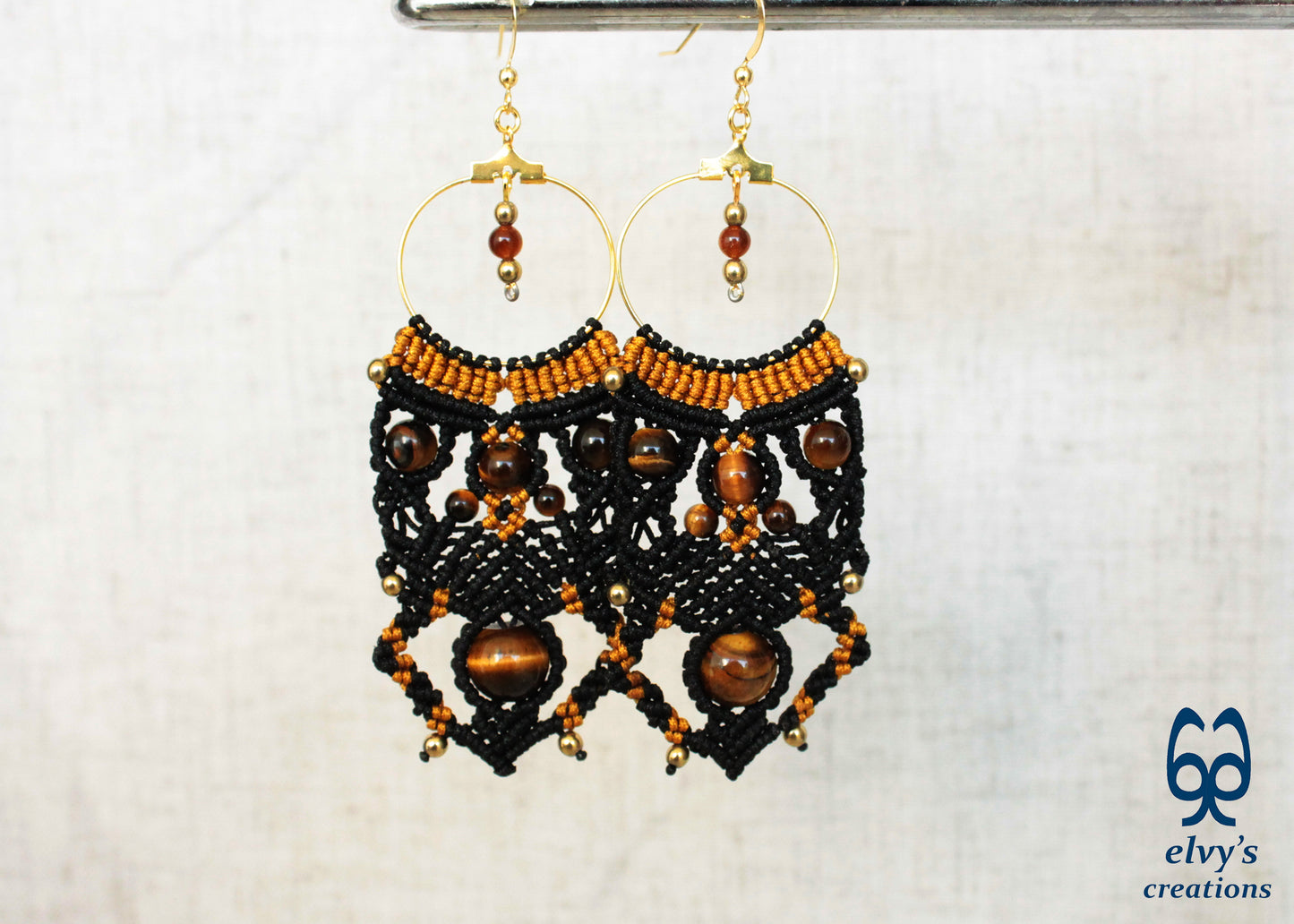 Black and Gold Macrame Earrings Handmade Micro macrame with Tiger Eye and Hematite Gemstones