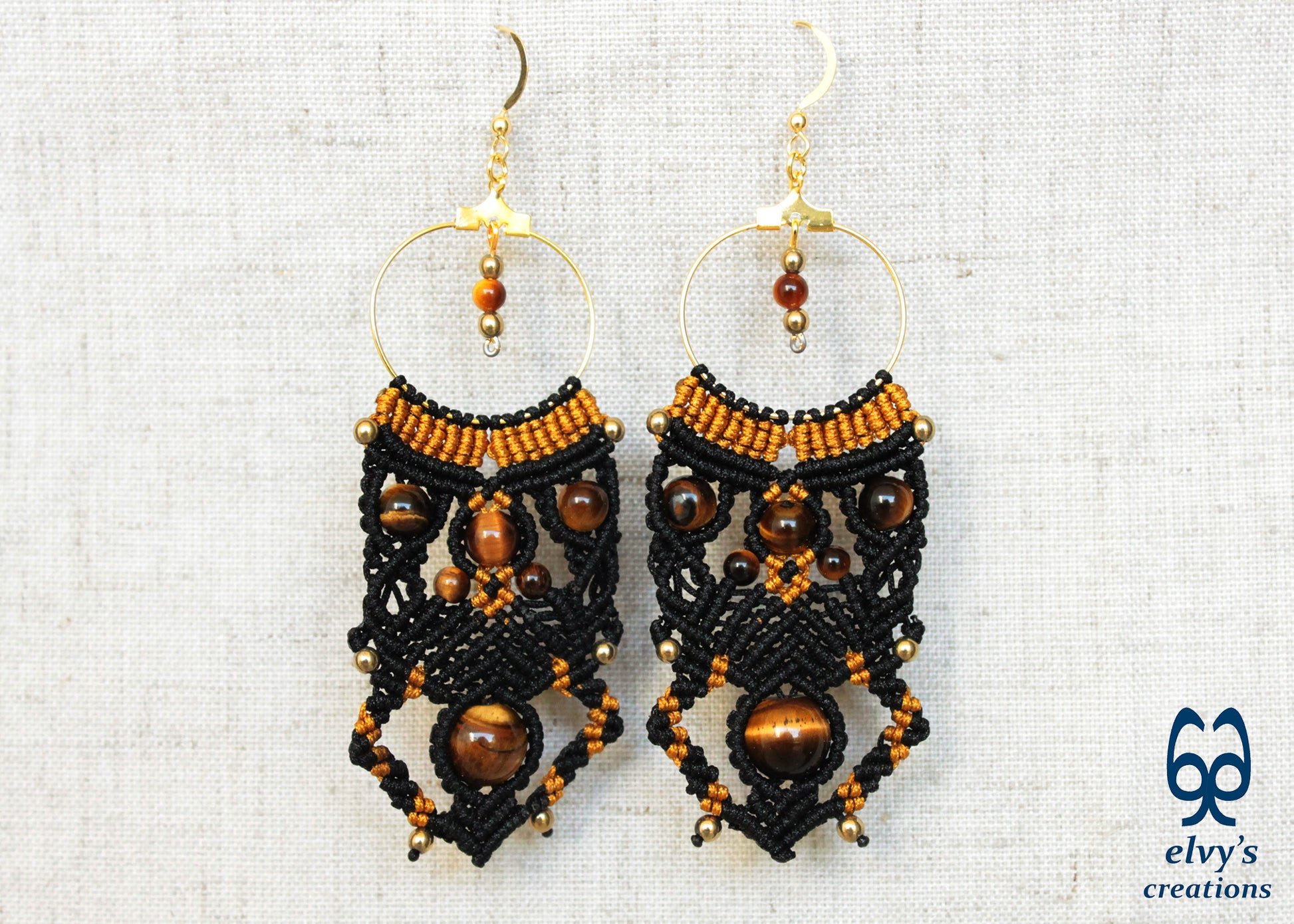 Black and Gold Macrame Earrings Handmade Micro macrame with Tiger Eye and Hematite Gemstones