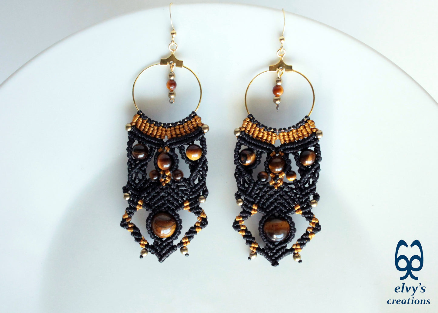 Black and Gold Macrame Earrings Handmade Micro macrame with Tiger Eye and Hematite Gemstones