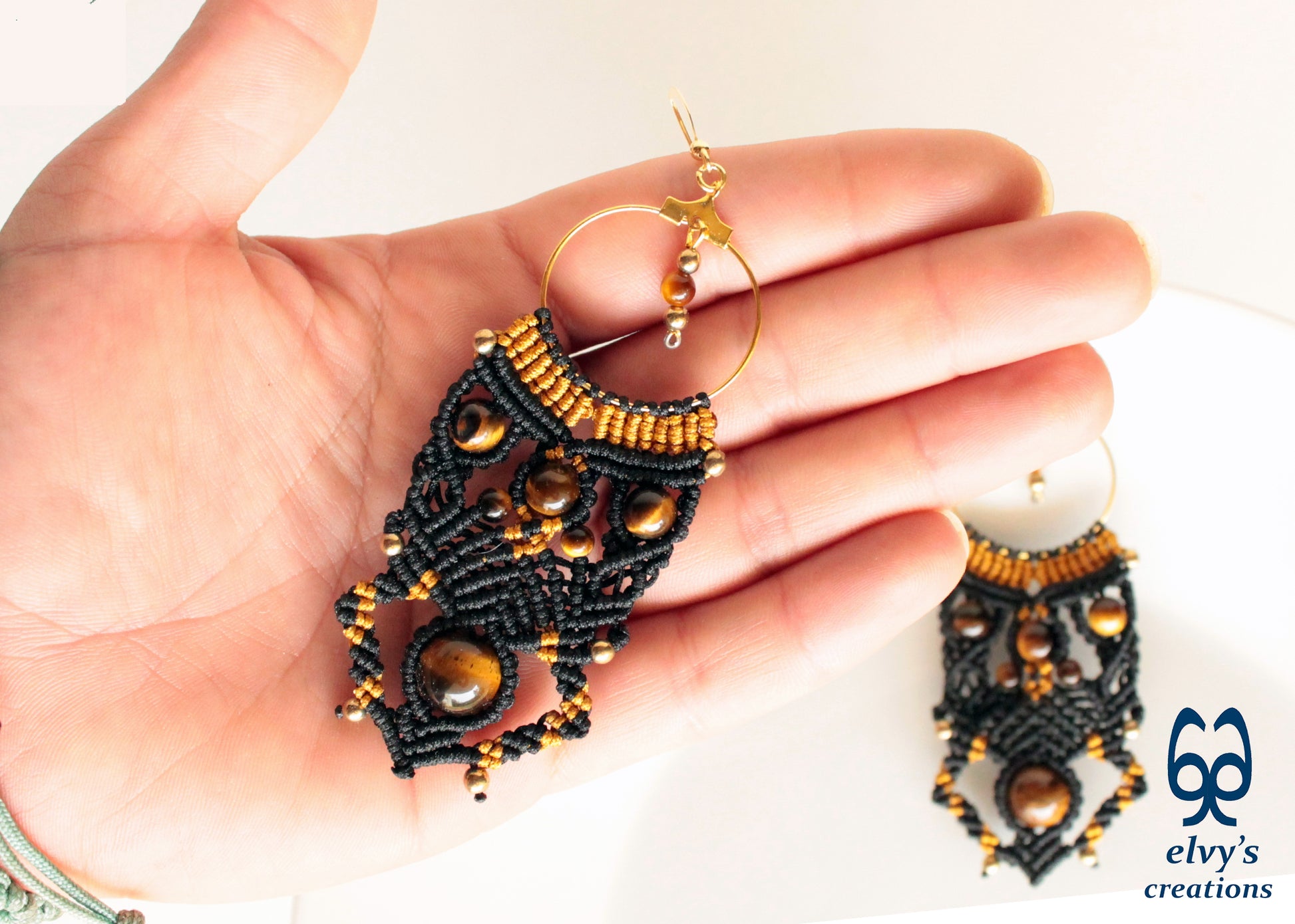 Black and Gold Macrame Earrings Handmade Micro macrame with Tiger Eye and Hematite Gemstones