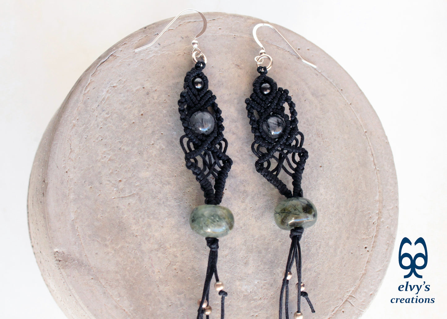 Black Macrame Beaded Dangle Earrings with Green Agate, Crystal Quartz and Hematite Natural Gemstones for Women Jewelry Boho Earrings 