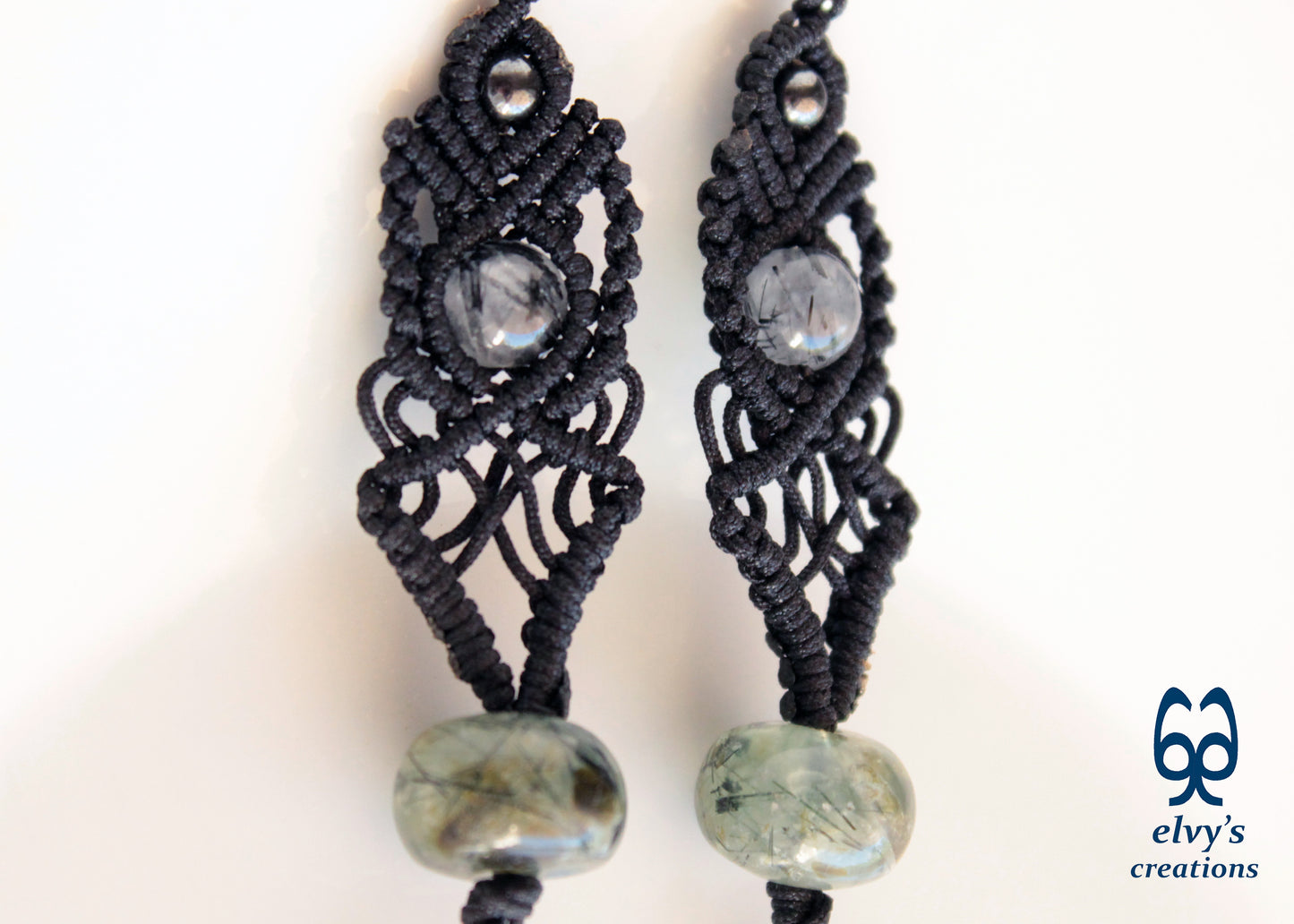 Black Macrame Beaded Dangle Earrings with Green Agate, Crystal Quartz and Hematite Natural Gemstones for Women Jewelry Boho Earrings 