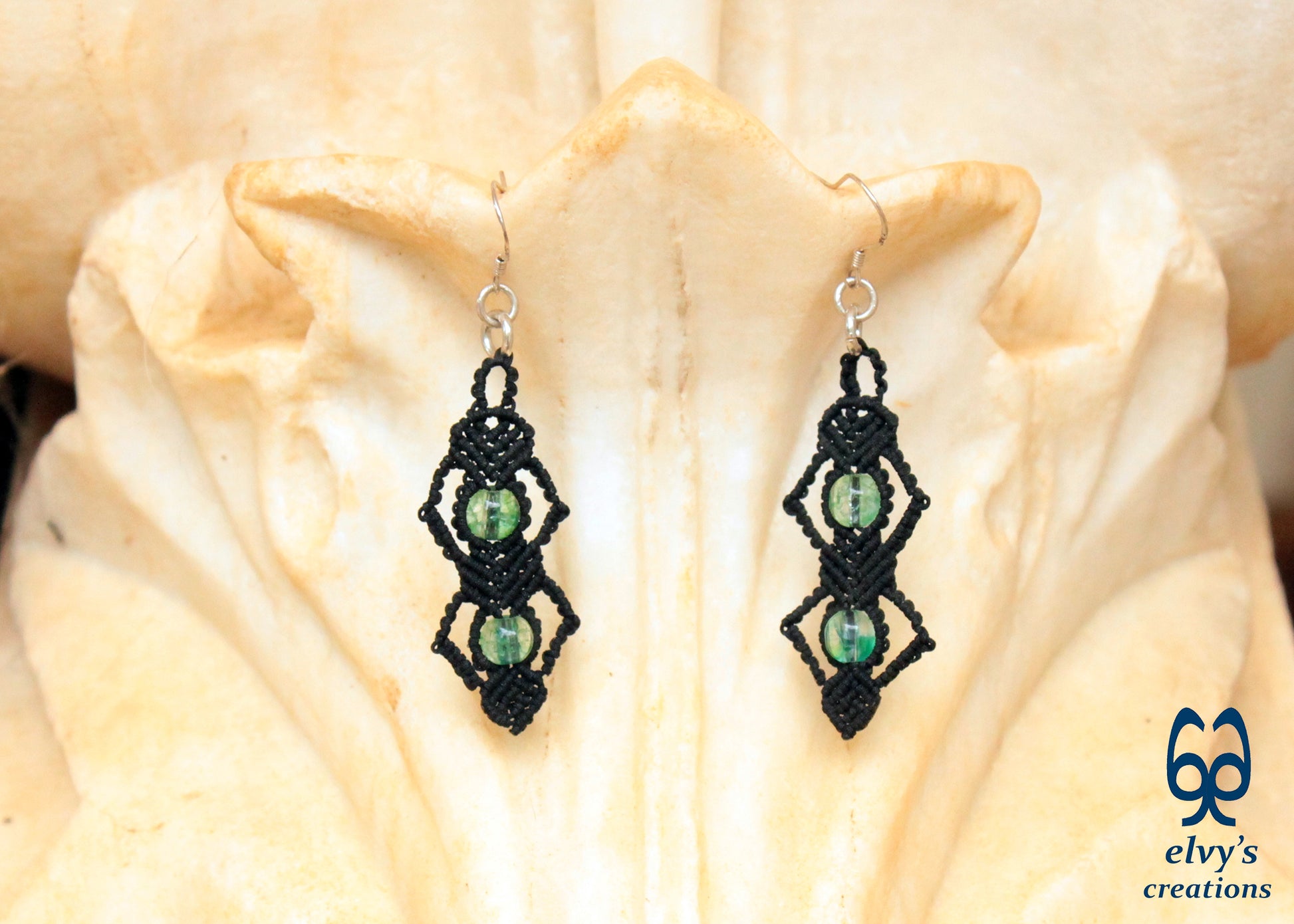 Silver Macrame Beaded Earrings,Fluorite Gemstone Dangle Earrings, Birthday Gift for Women