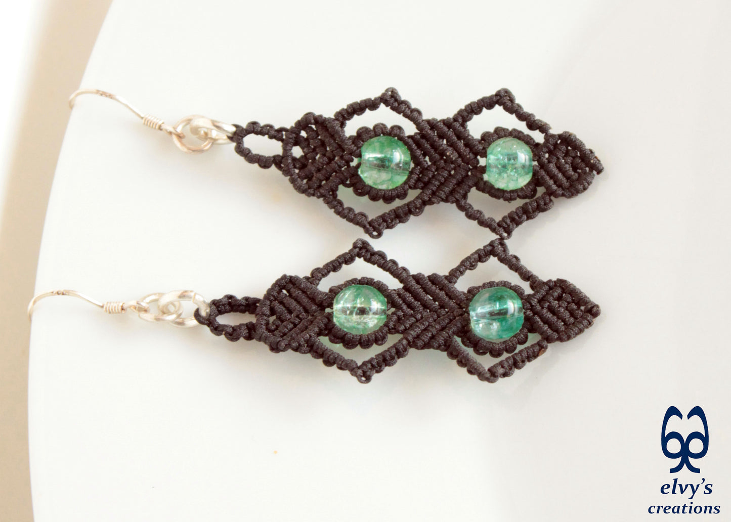 Silver Macrame Beaded Earrings,Fluorite Gemstone Dangle Earrings, Birthday Gift for Women