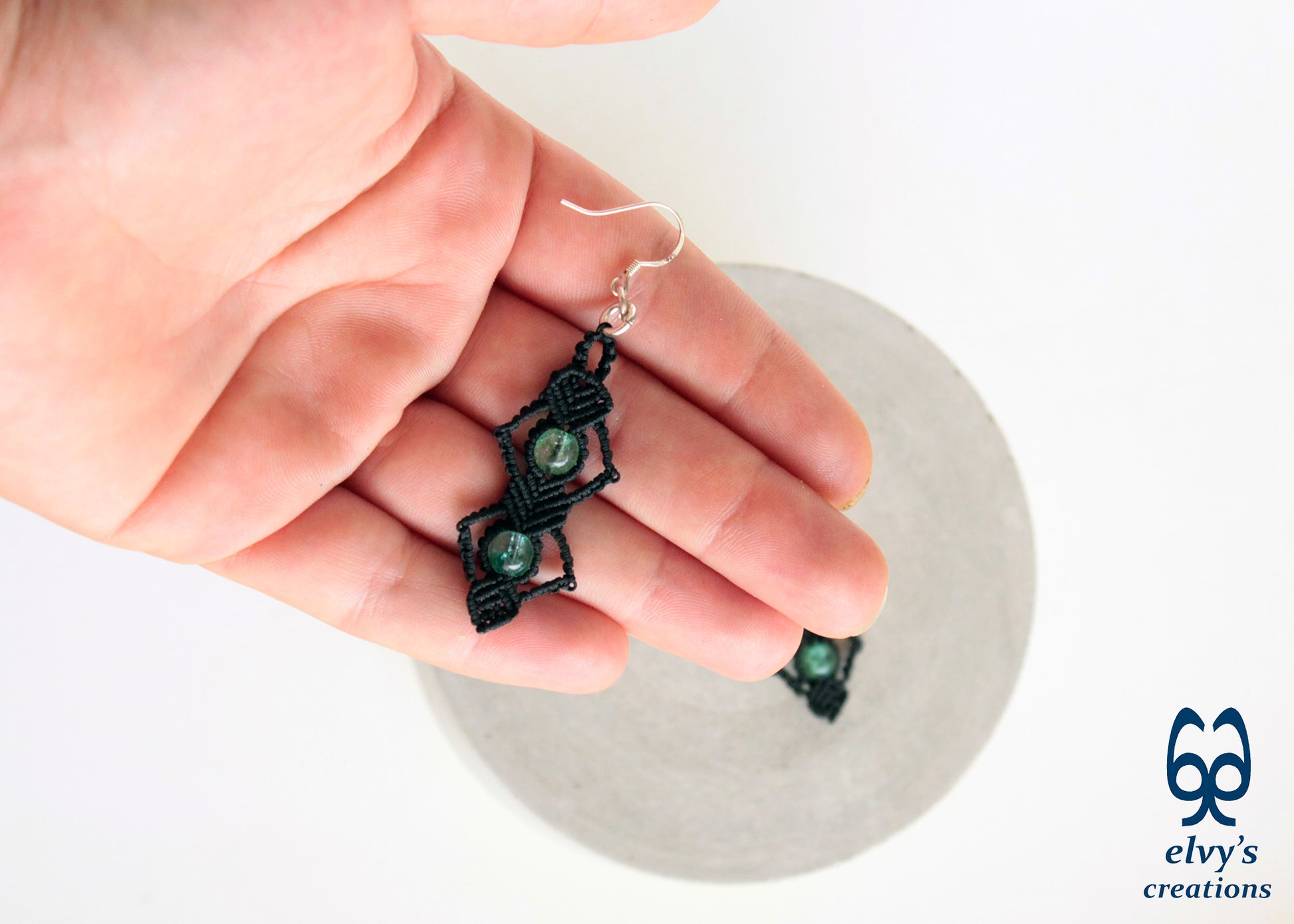 Silver Macrame Beaded Earrings,Fluorite Gemstone Dangle Earrings, Birthday Gift for Women