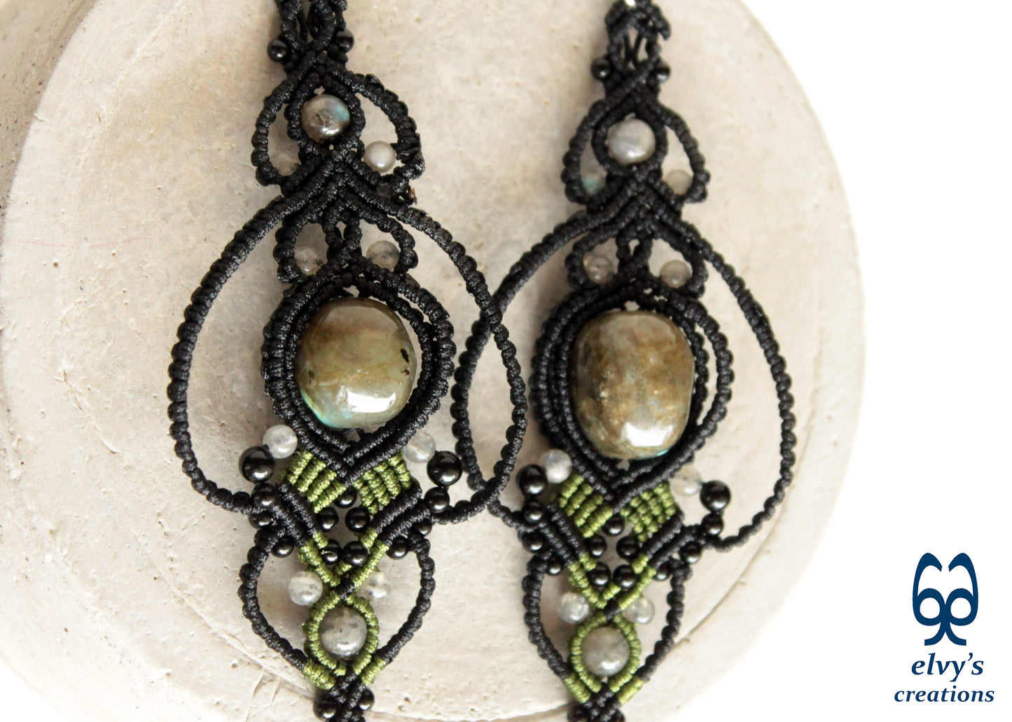 Black and Green Macrame Earrings with Labradorite and Onyx Natural Healing Gemstones for Women Beaded Jewelry Gift for Her Long Dangle