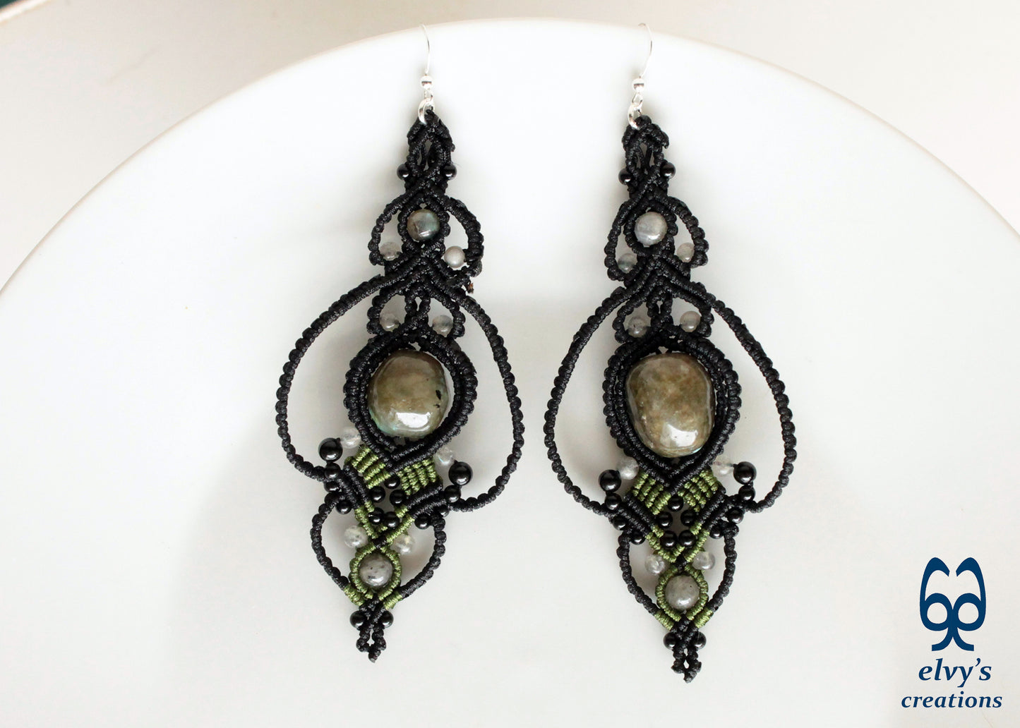 Black and Green Macrame Earrings with Labradorite and Onyx Natural Healing Gemstones for Women Beaded Jewelry Gift for Her Long Dangle