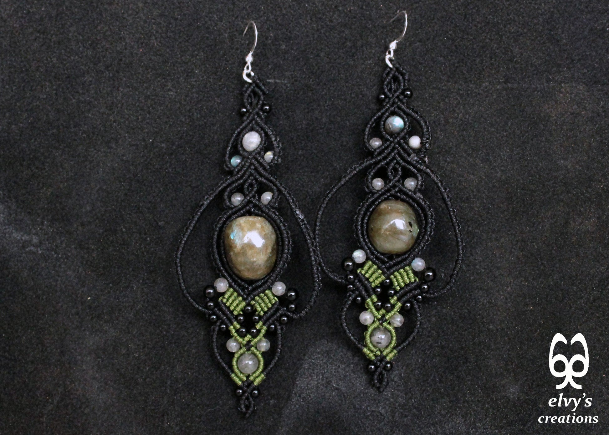 Black and Green Macrame Earrings with Labradorite and Onyx Natural Healing Gemstones for Women Beaded Jewelry Gift for Her Long Dangle