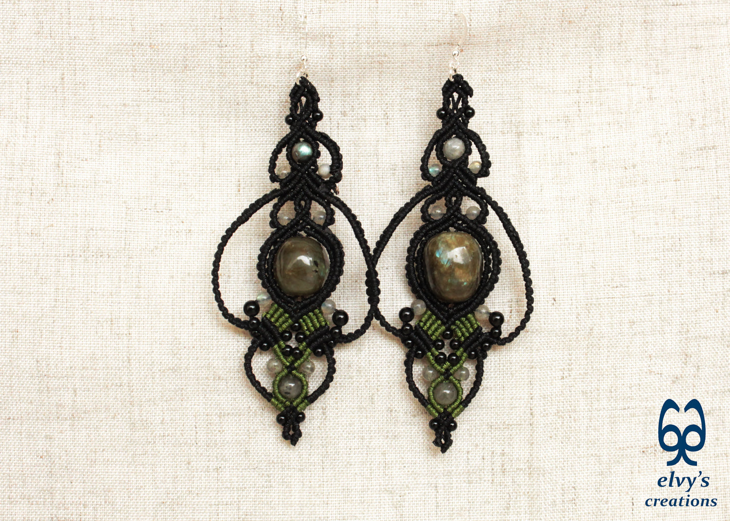 Black and Green Macrame Earrings with Labradorite and Onyx Natural Healing Gemstones for Women Beaded Jewelry Gift for Her Long Dangle