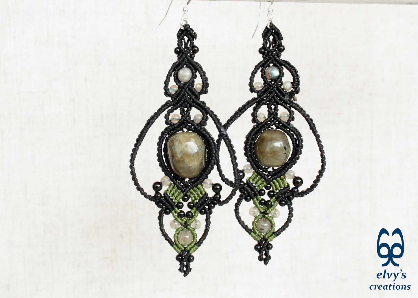 Black and Green Macrame Earrings with Labradorite and Onyx Natural Healing Gemstones for Women Beaded Jewelry Gift for Her Long Dangle