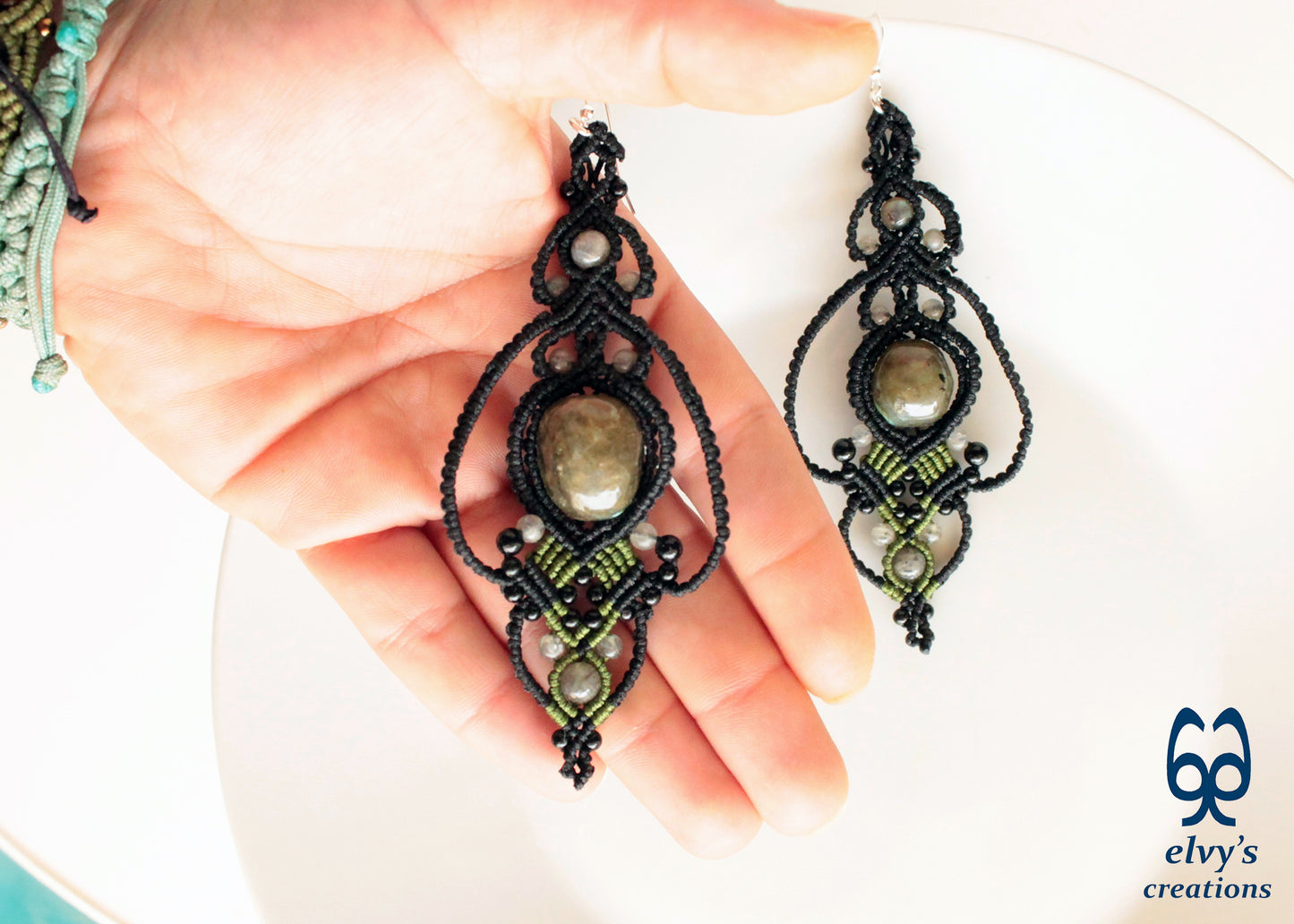 Black and Green Macrame Earrings with Labradorite and Onyx Natural Healing Gemstones for Women Beaded Jewelry Gift for Her Long Dangle