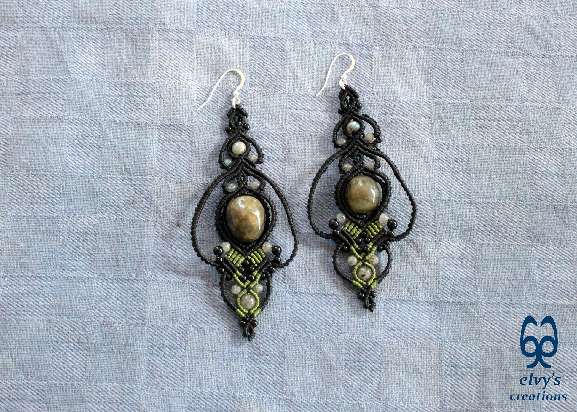 Onyx Macrame Beaded Earrings, Labradorite Gemstone Silver Earrings, Unique Birthday Gift for Women