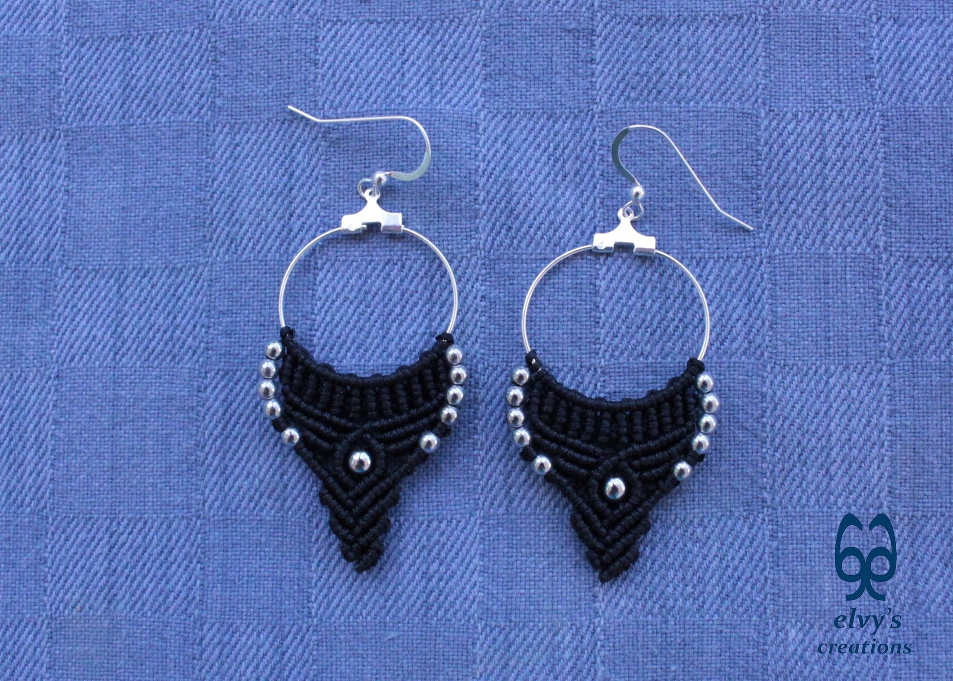 Silver and Black Macrame Earrings Hematite Gemstones Hoop Earrings